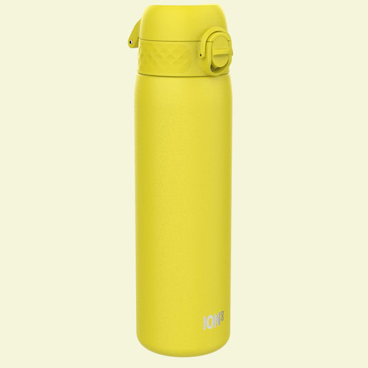 Yellow insulated bottle with a lid on a white background