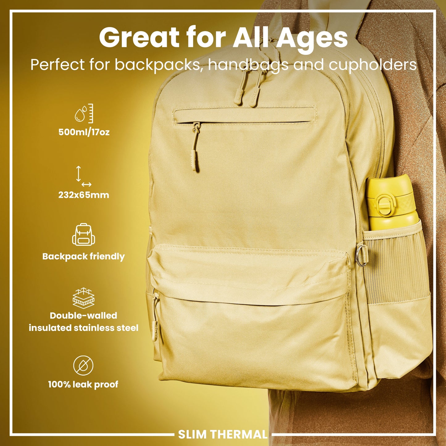 Beige backpack with a yellow cup holder on a mustard yellow background, featuring product details.