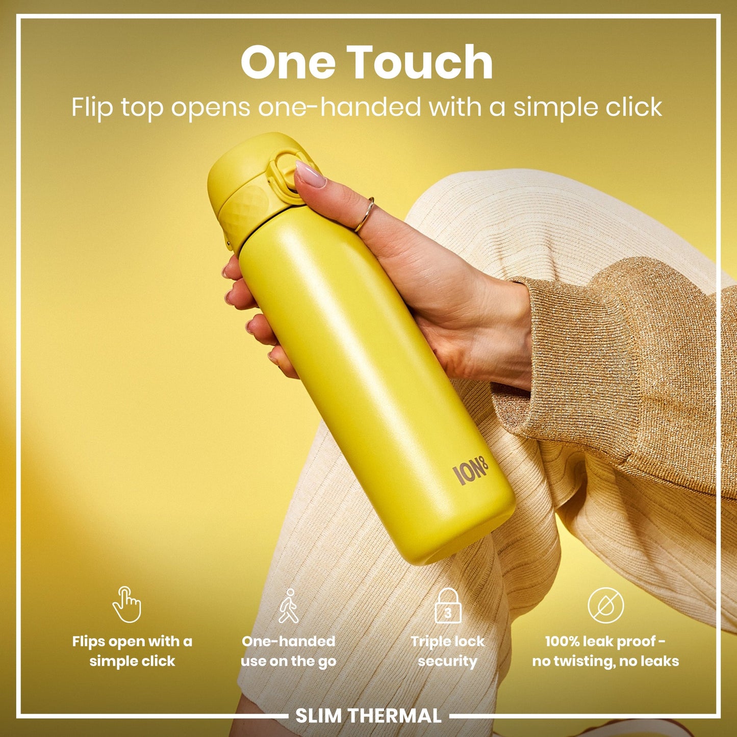 Yellow thermos bottle held by a hand with text highlighting features on a yellow background