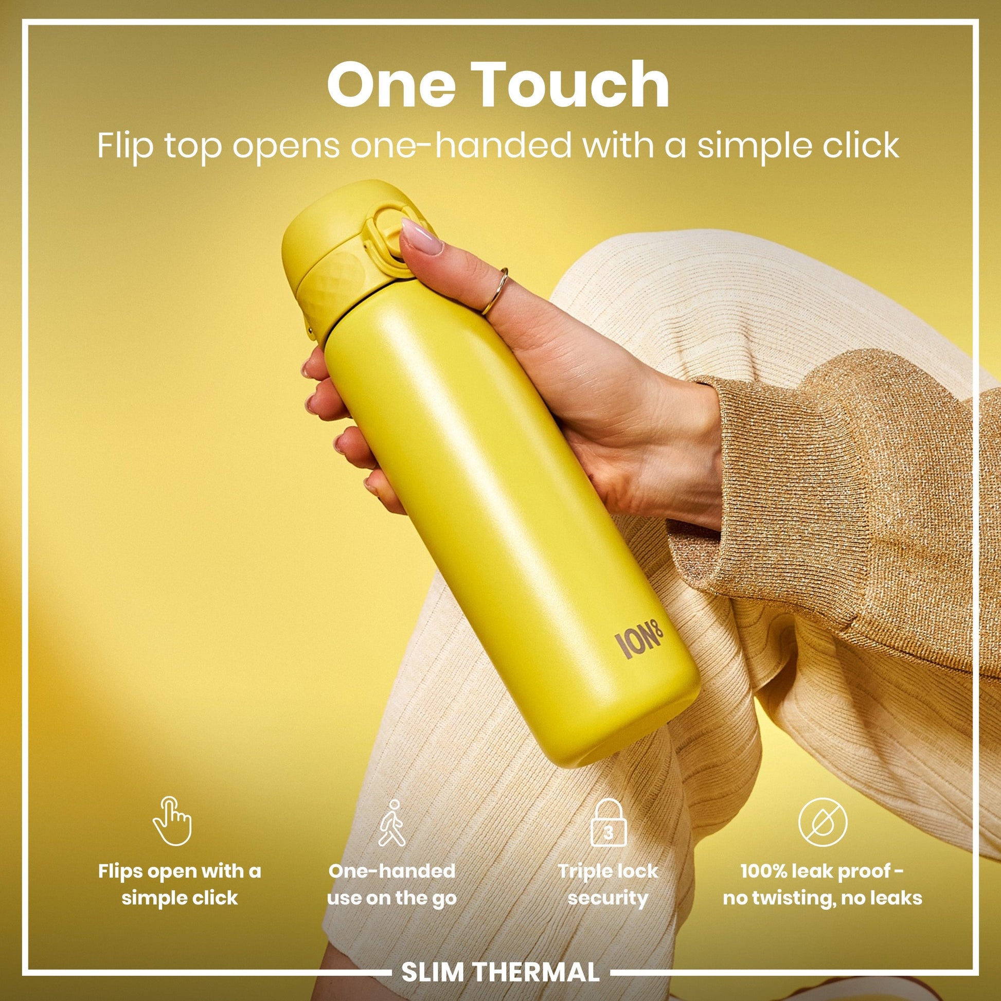 Yellow thermos bottle held by a hand with text highlighting features on a yellow background