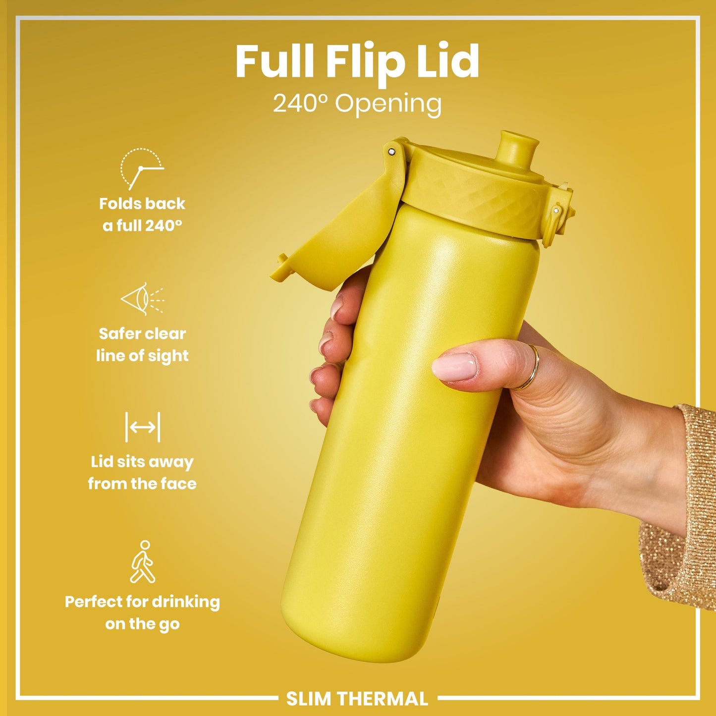 Yellow water bottle with full flip lid on a yellow background