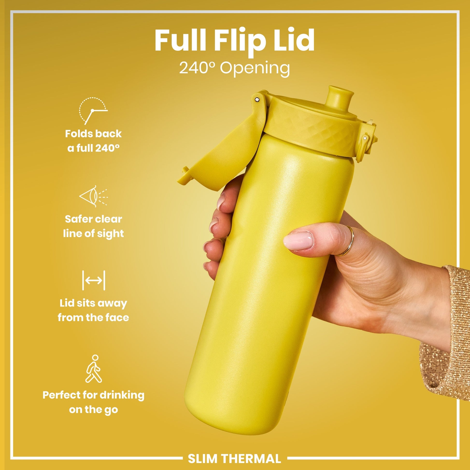 Yellow water bottle with full flip lid on a yellow background