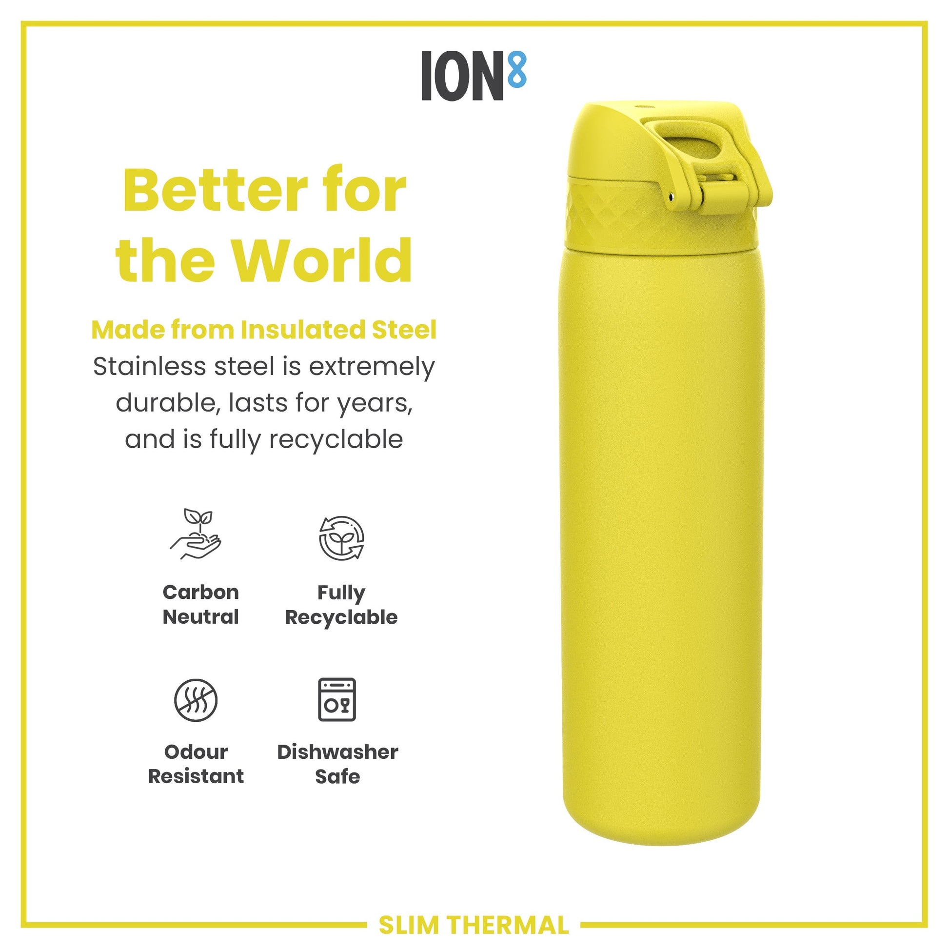 Yellow insulated steel water bottle with ION8 branding and sustainability features on a white background.