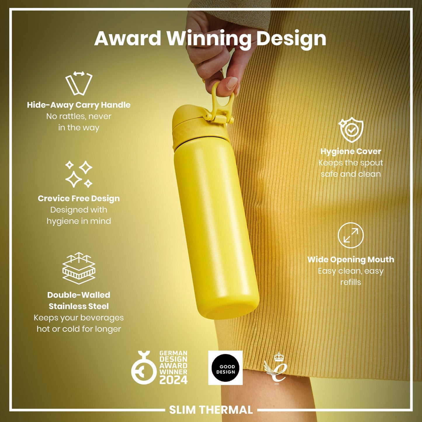 Yellow water bottle with features listed on a gold background