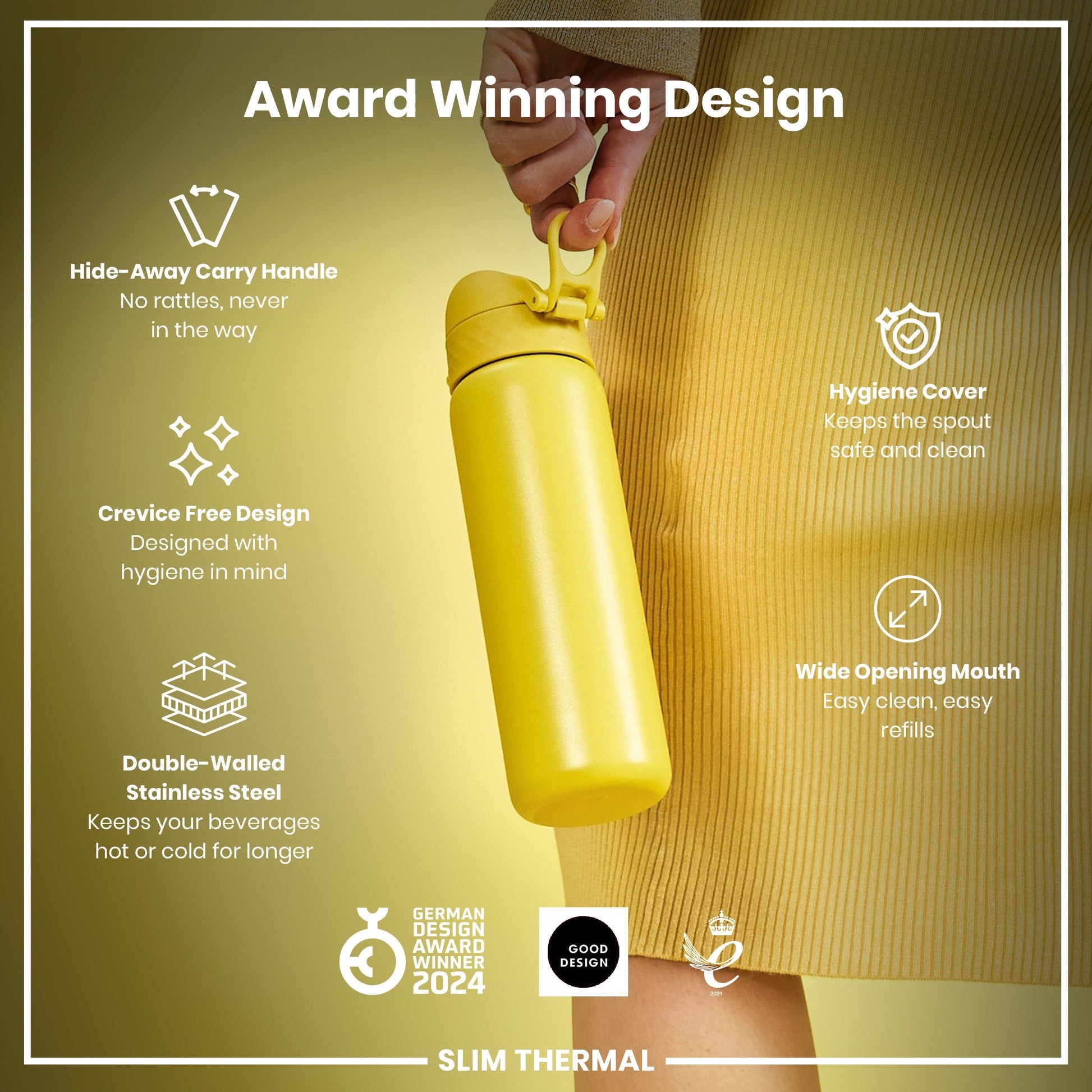Yellow water bottle with features listed on a gold background