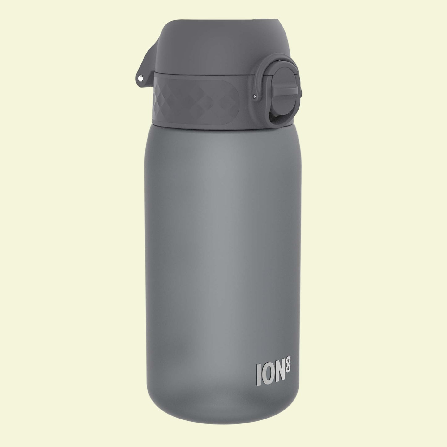 Gray water bottle withION8 branding on a white background
