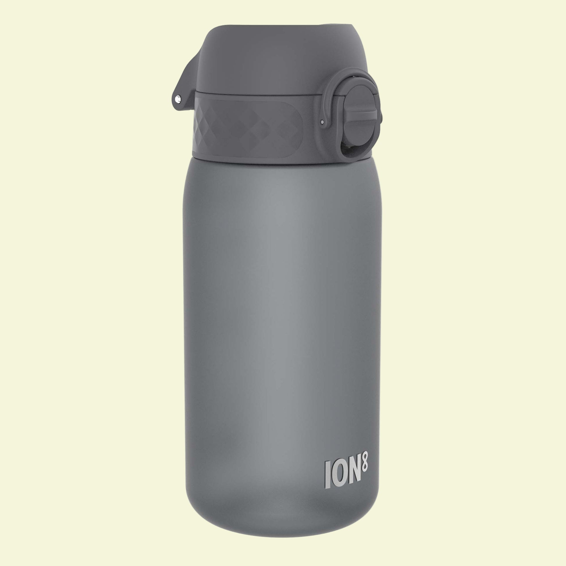 Gray water bottle withION8 branding on a white background