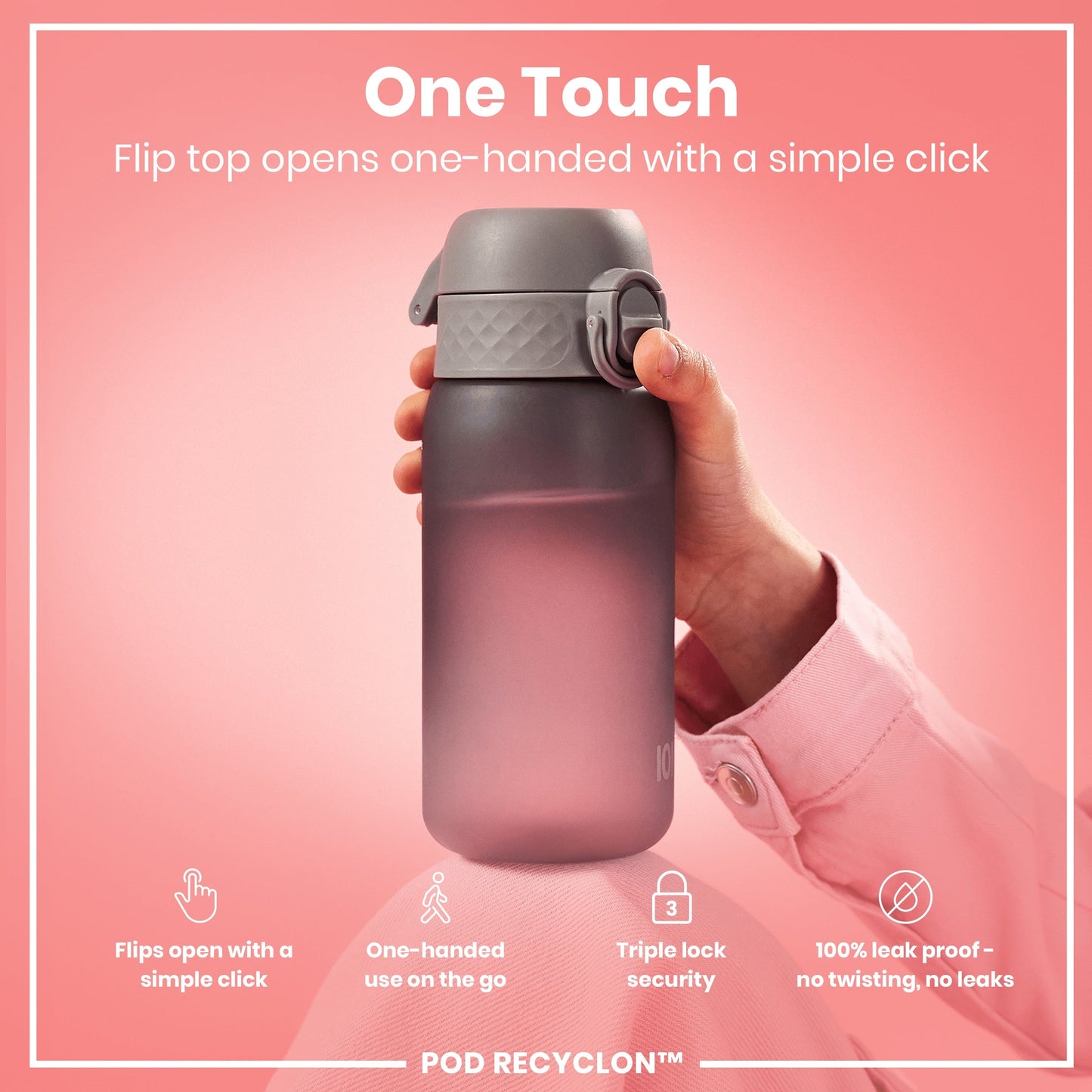 Hand holding a water bottle with a one-touch flip top on a pink background, featuring text about the bottle's features.