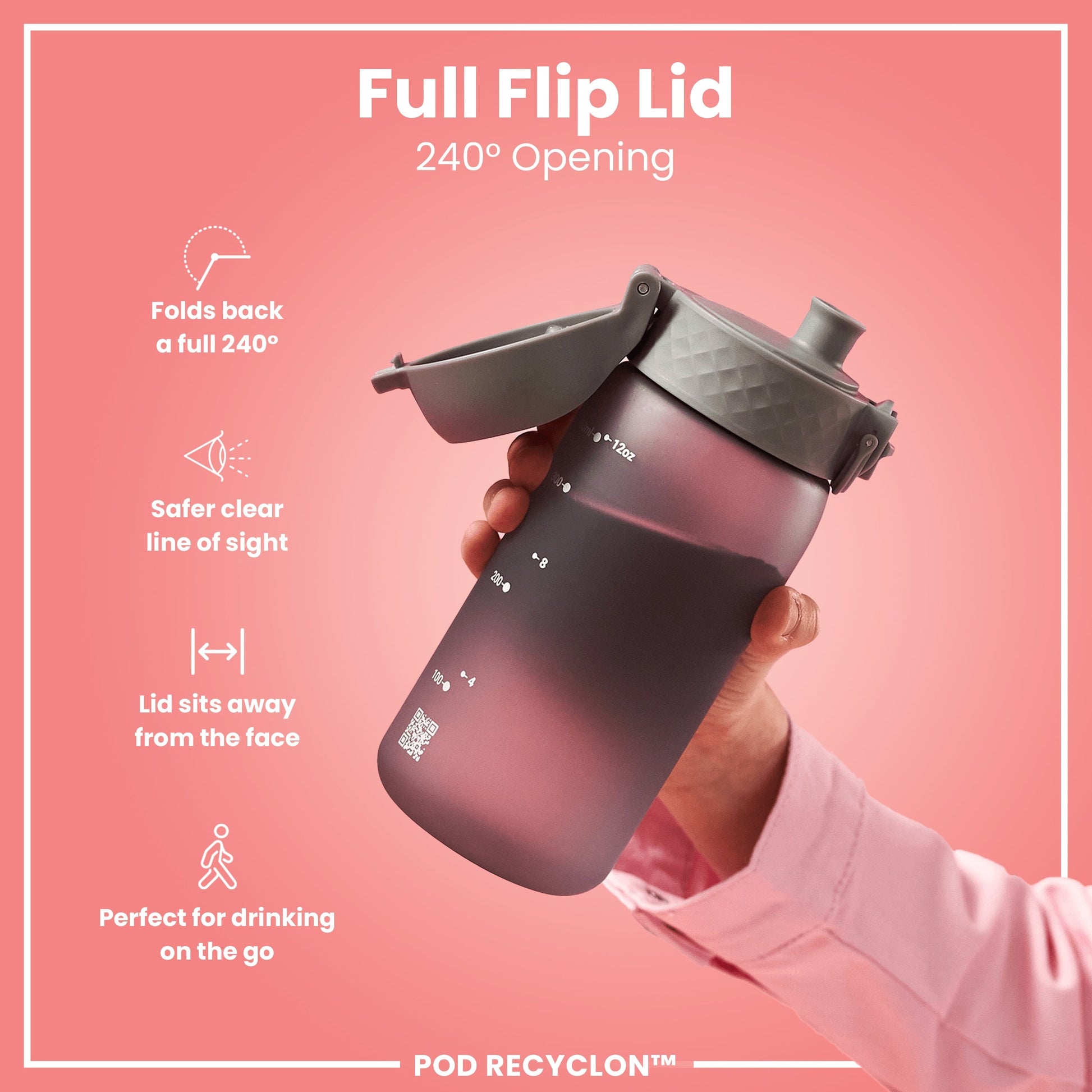 Shaker bottle with full flip lid on a pink background