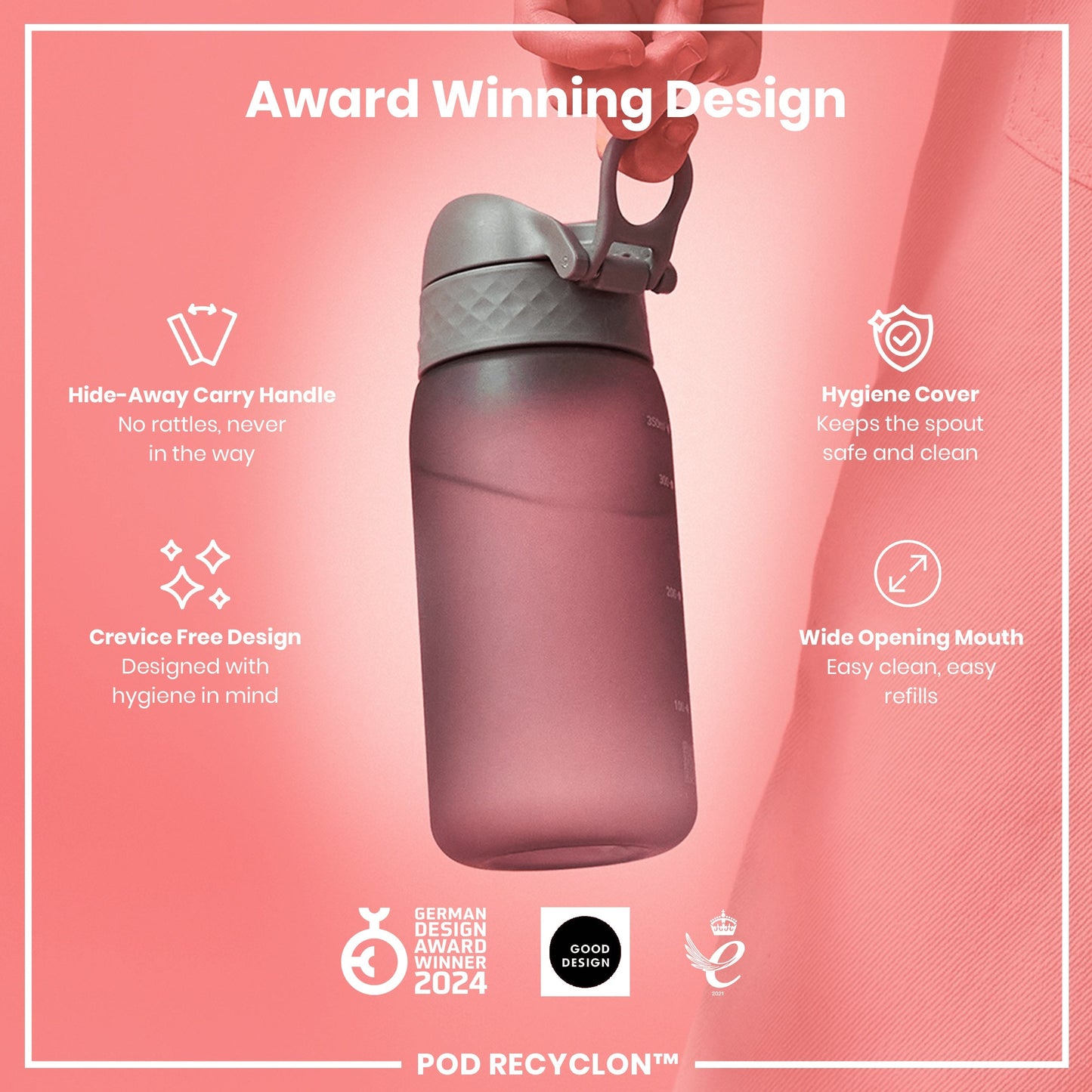 Purple water bottle with gray lid on a pink background, featuring text about design features and awards.