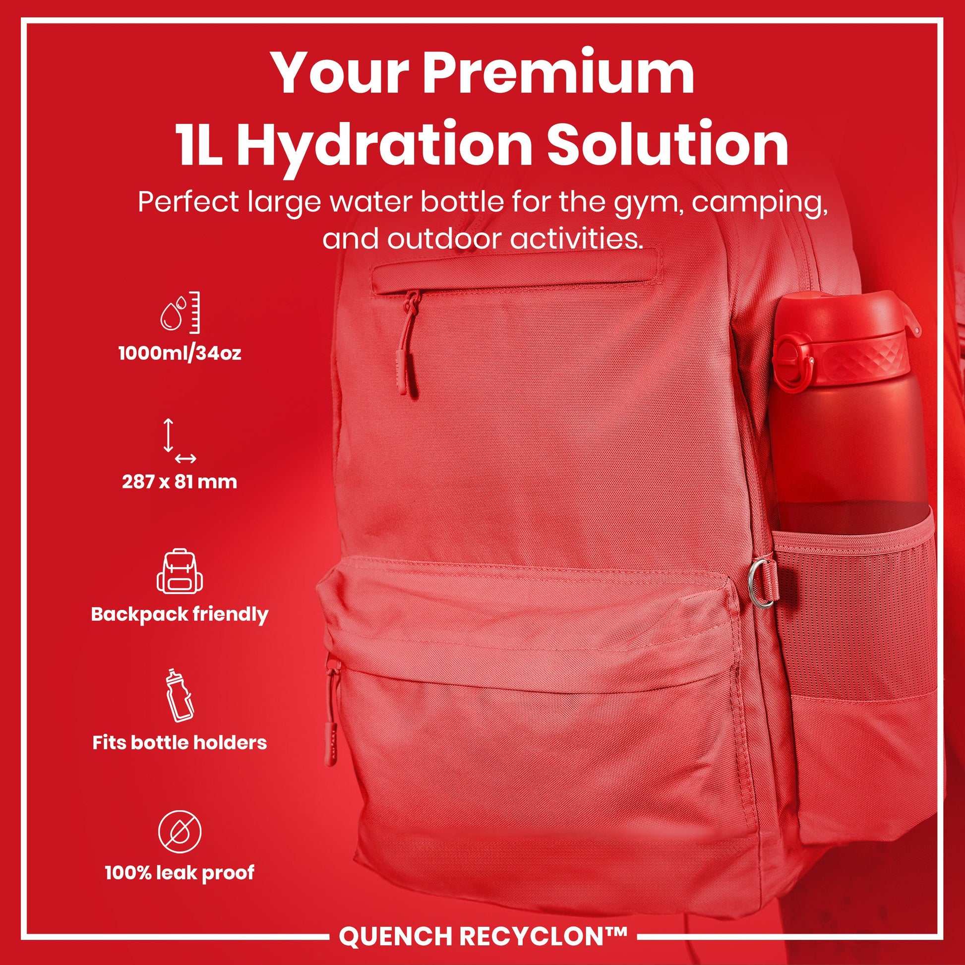 Red hydration backpack with water bottle on a red background, featuring product details.