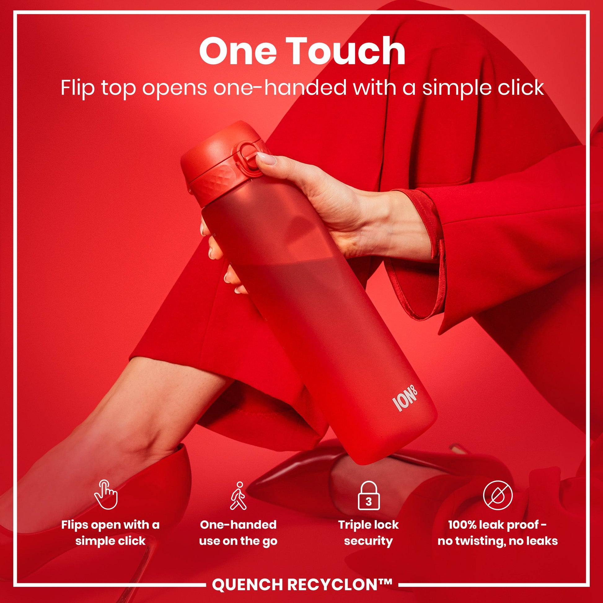 Red water bottle with 'One Touch' feature on a red background