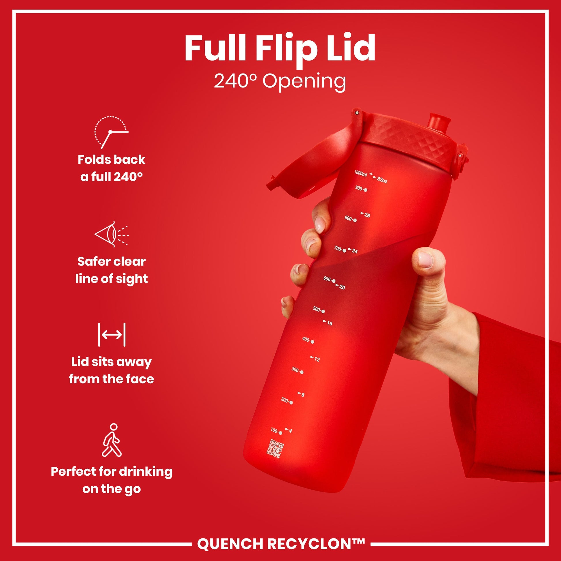 Red shaker bottle with full flip lid feature on a red background