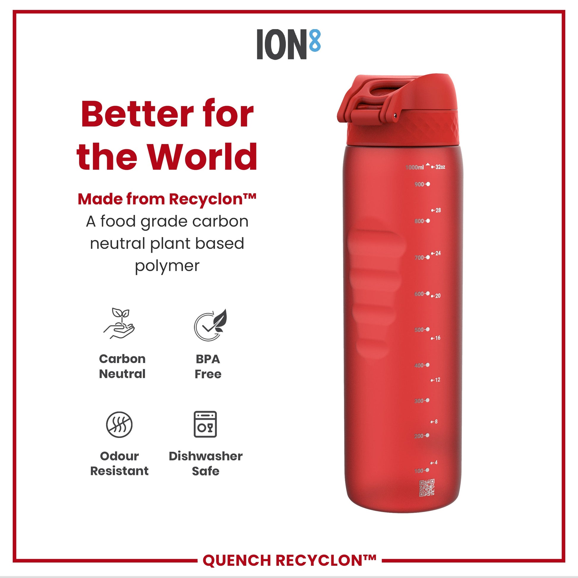Red water bottle with 'ION8' branding and sustainability features on a white background
