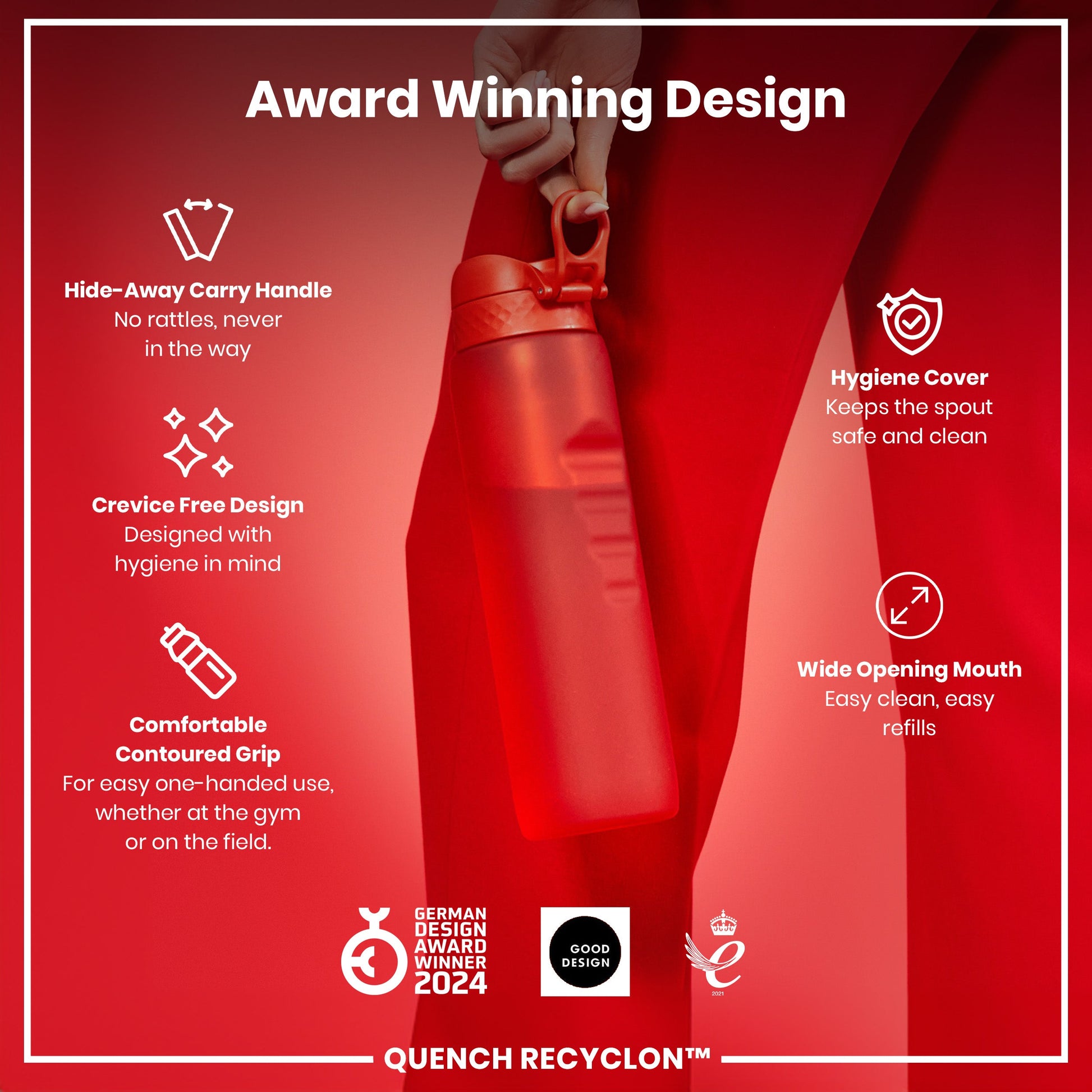 Red water bottle with features listed on a red background, including 'Award Winning Design' text.