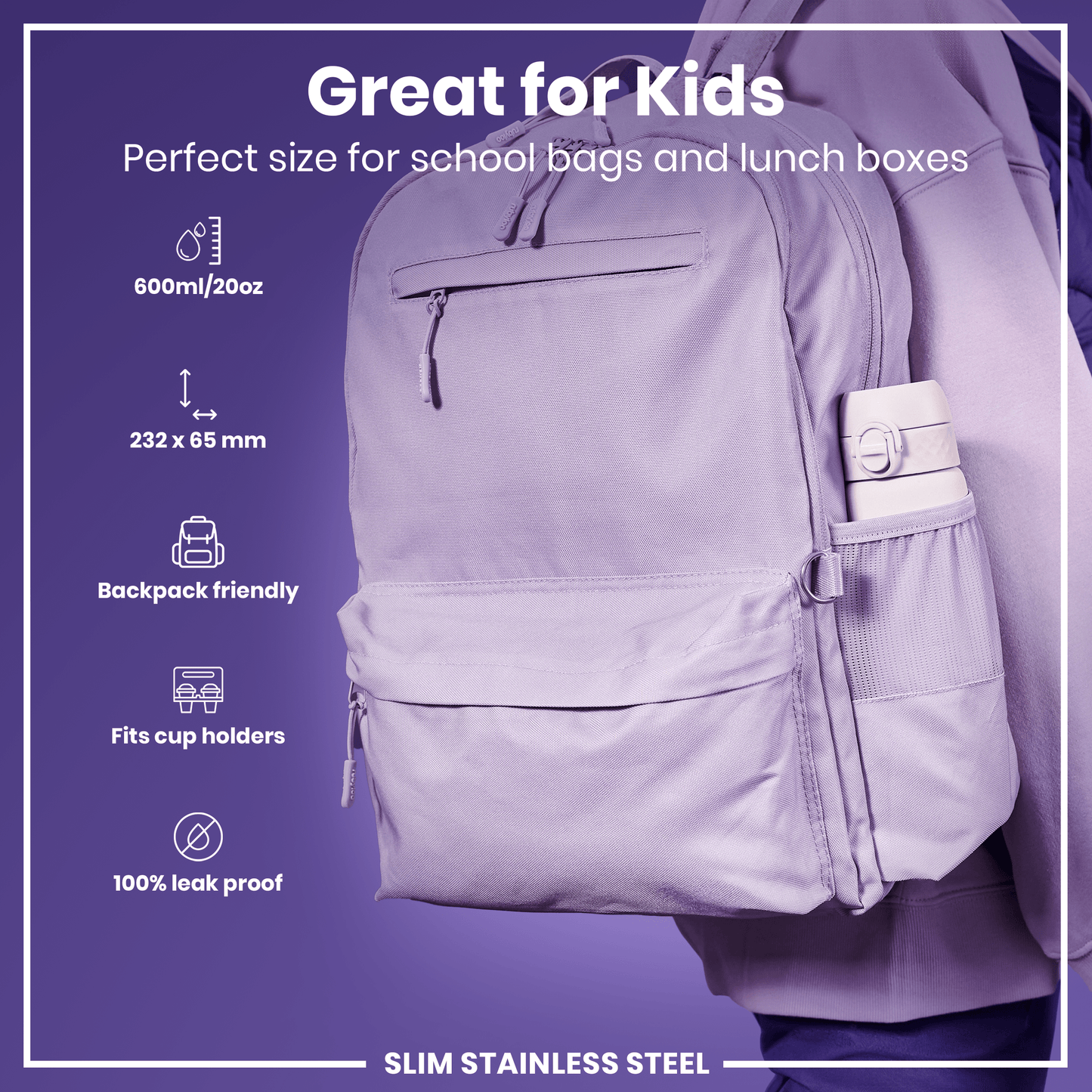 Purple backpack with features listed on a purple background
