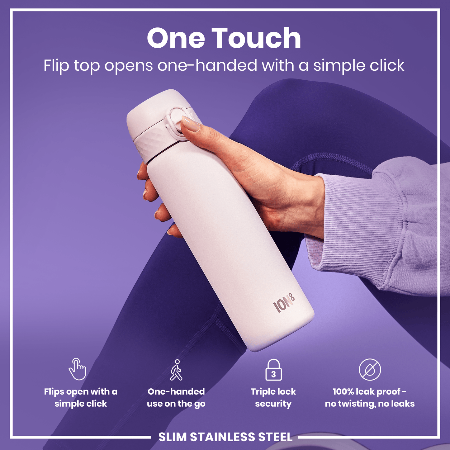 White water bottle with flip top being held against a purple background, featuring text about bottle's features.