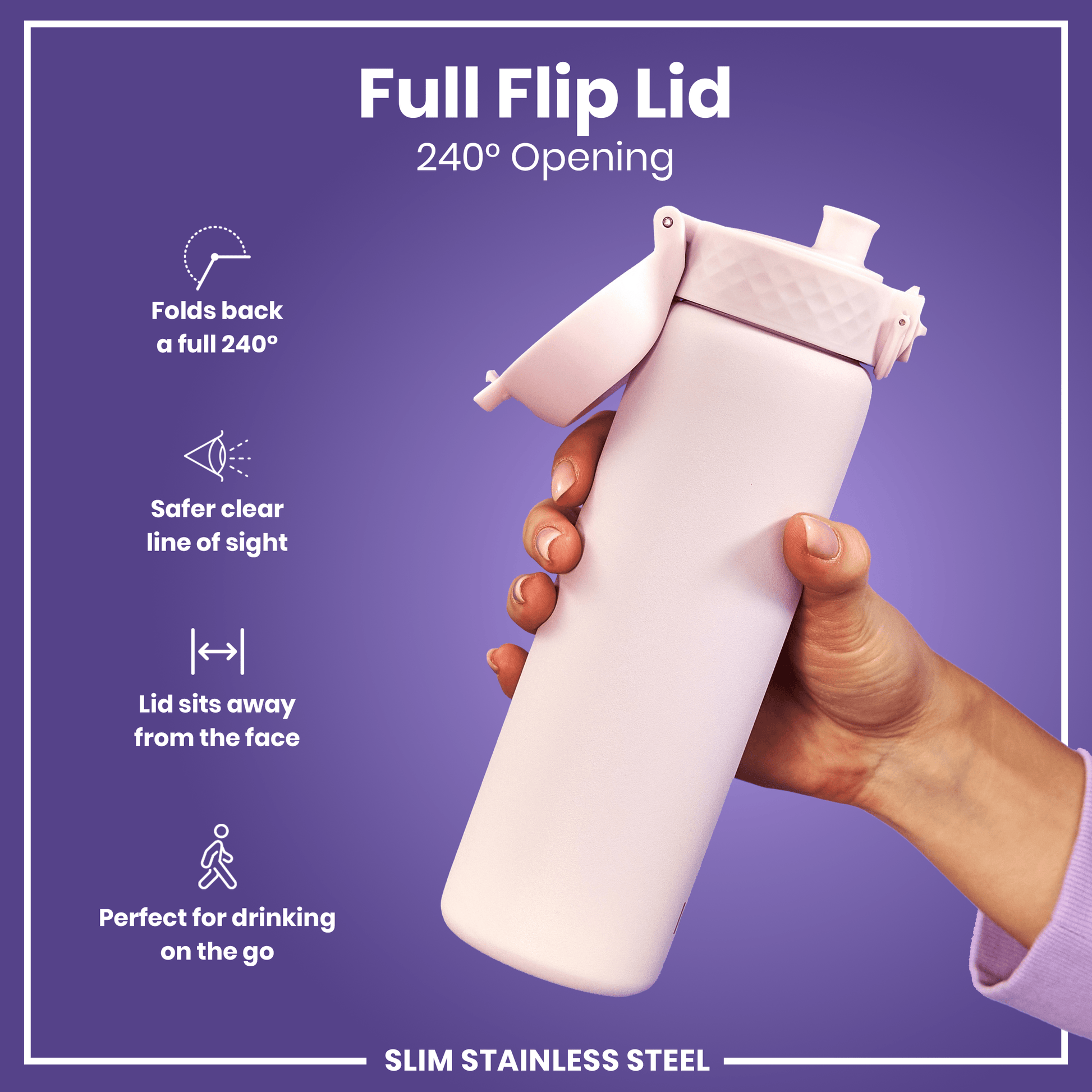 White water bottle with a full flip lid held by a hand on a purple background