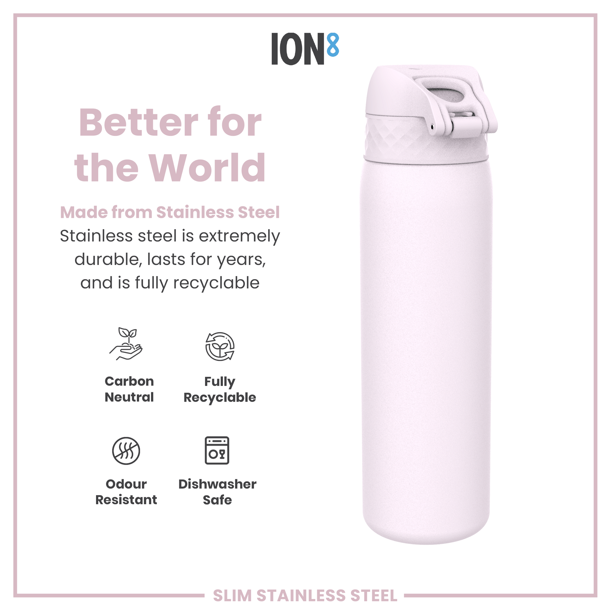 Pink stainless steel water bottle with 'ION8' branding and sustainability features listed.