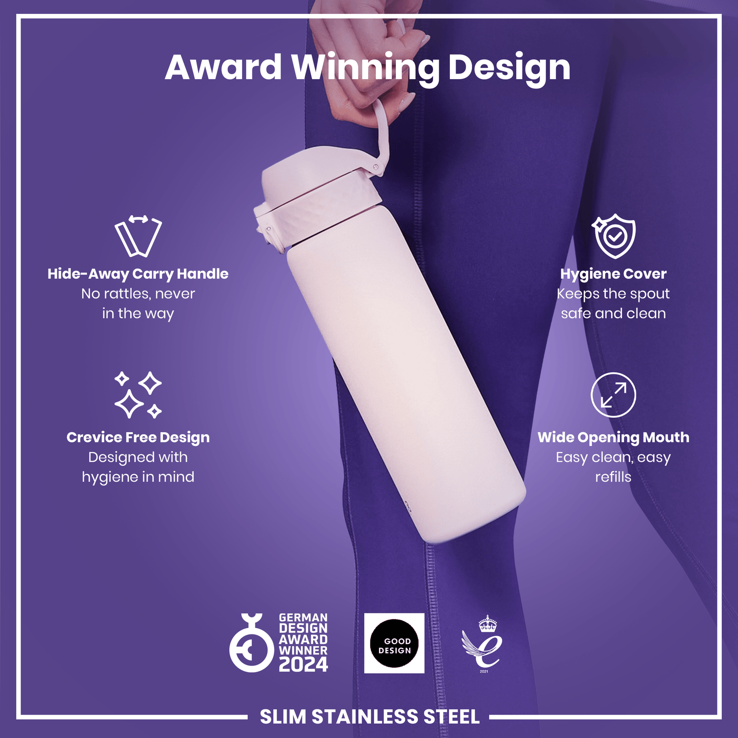 White water bottle with features highlighted on a purple background