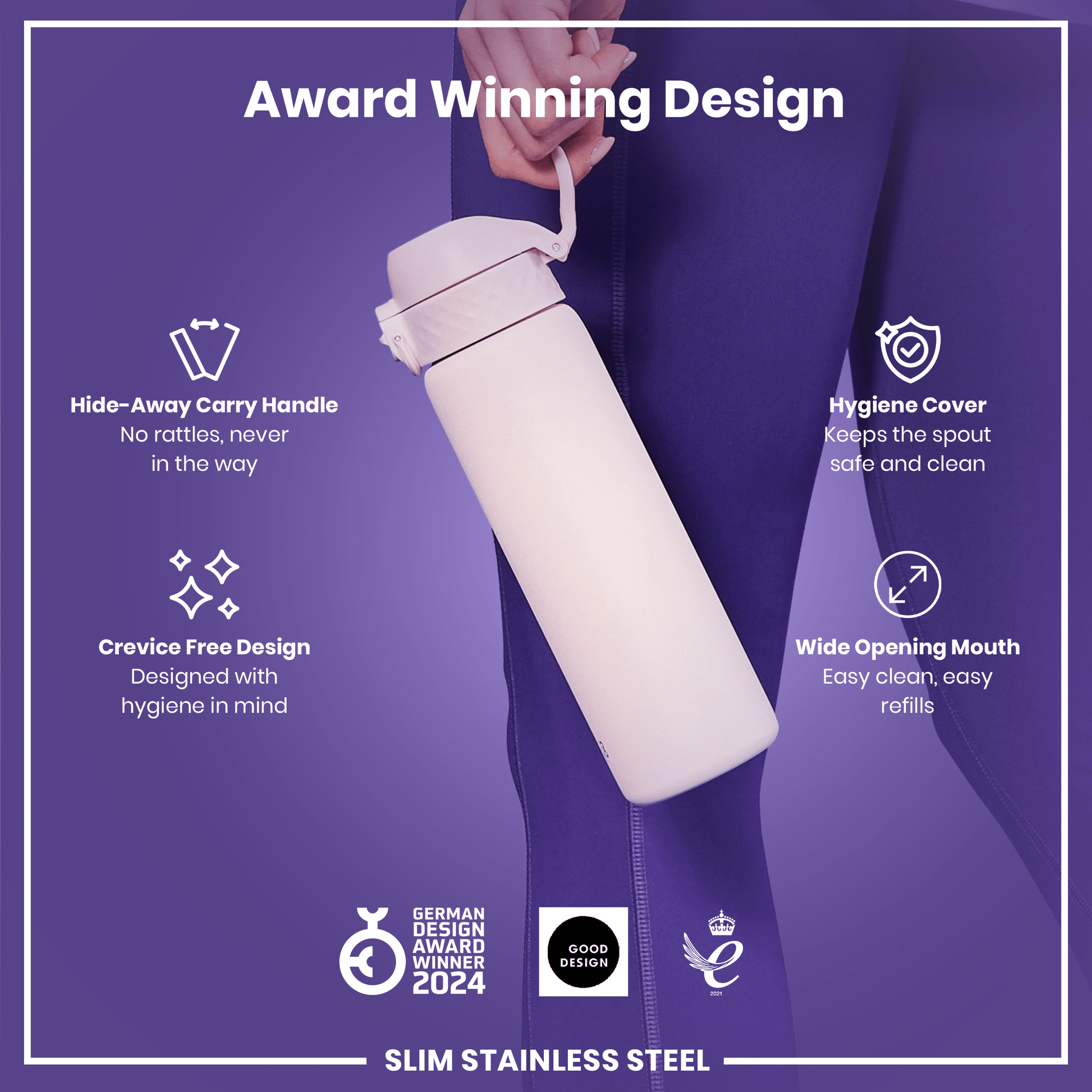 White water bottle with features highlighted on a purple background