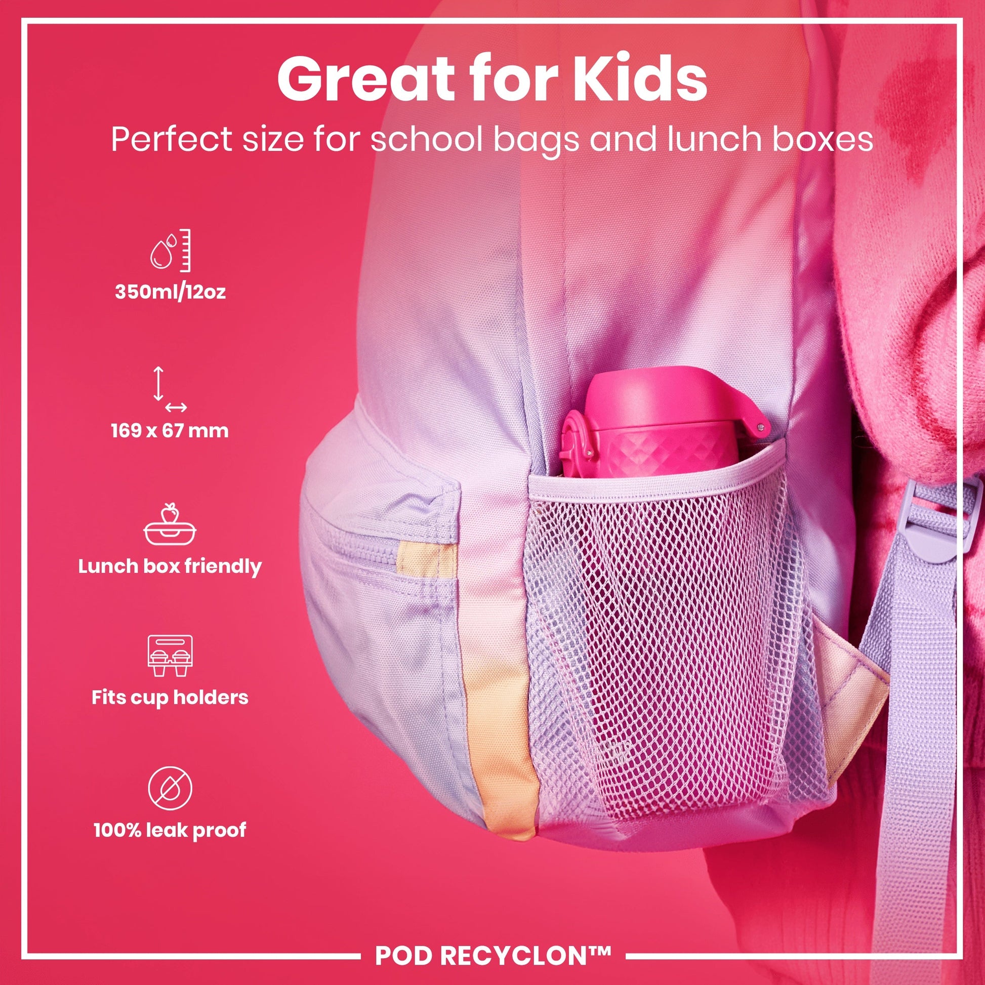 Pink water bottle in a mesh pocket of a pink jacket with product features on a red background.