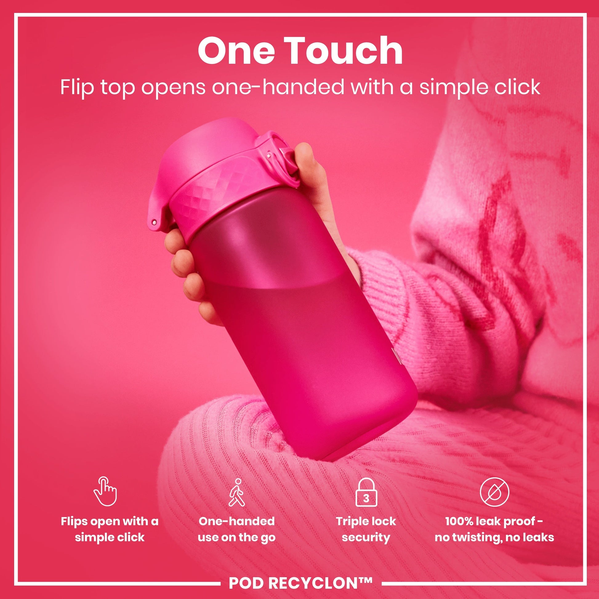 Person holding a pink water bottle with text on a pink background
