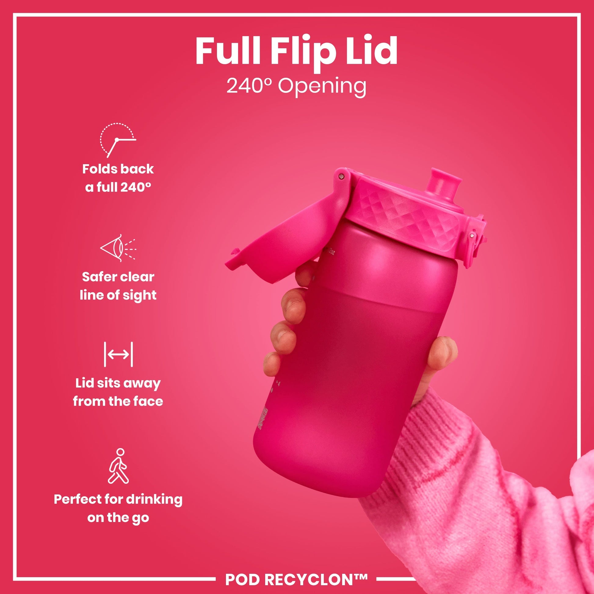 Pink water bottle with full flip lid on a red background