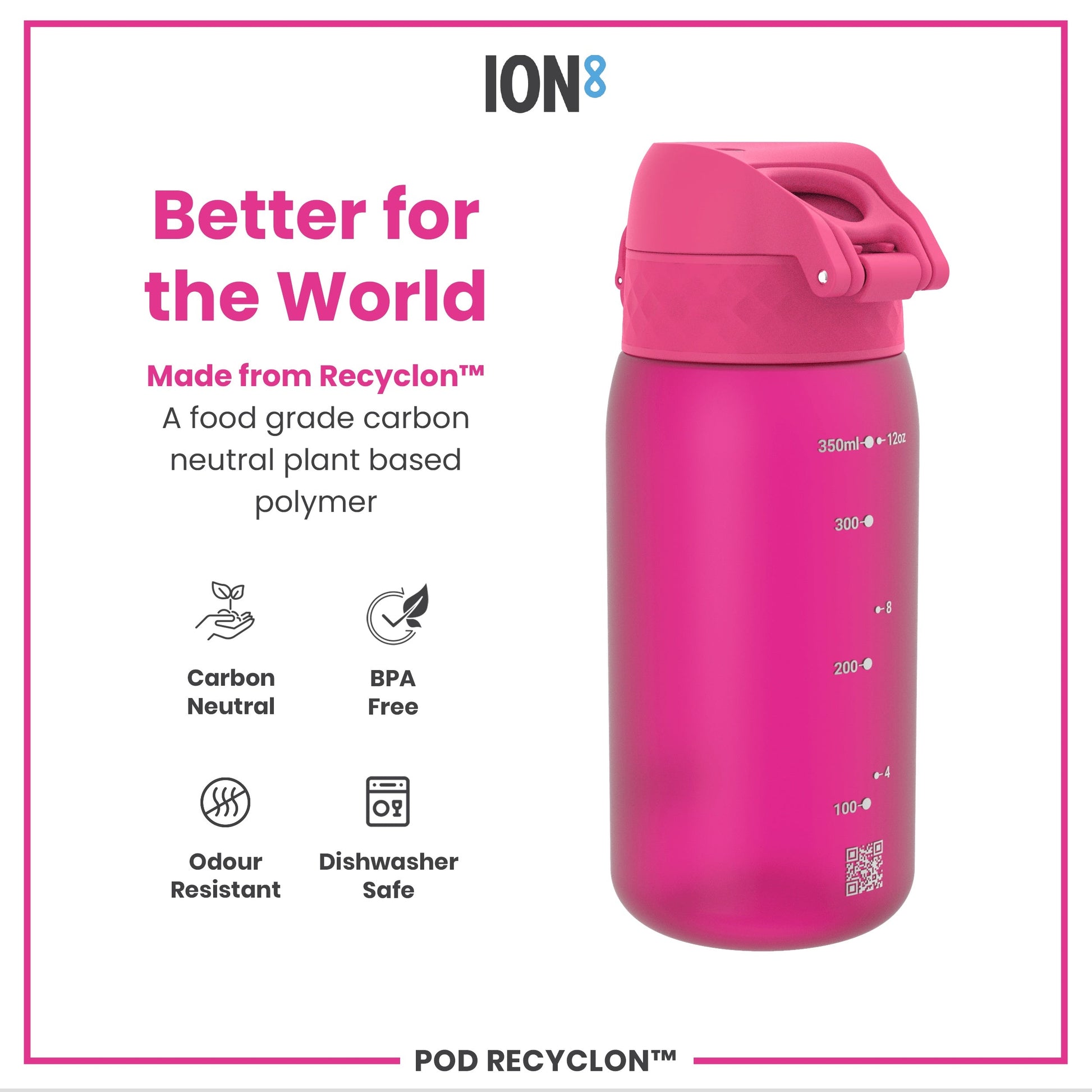 Pink water bottle with 'ION8' branding and sustainability features on a white background