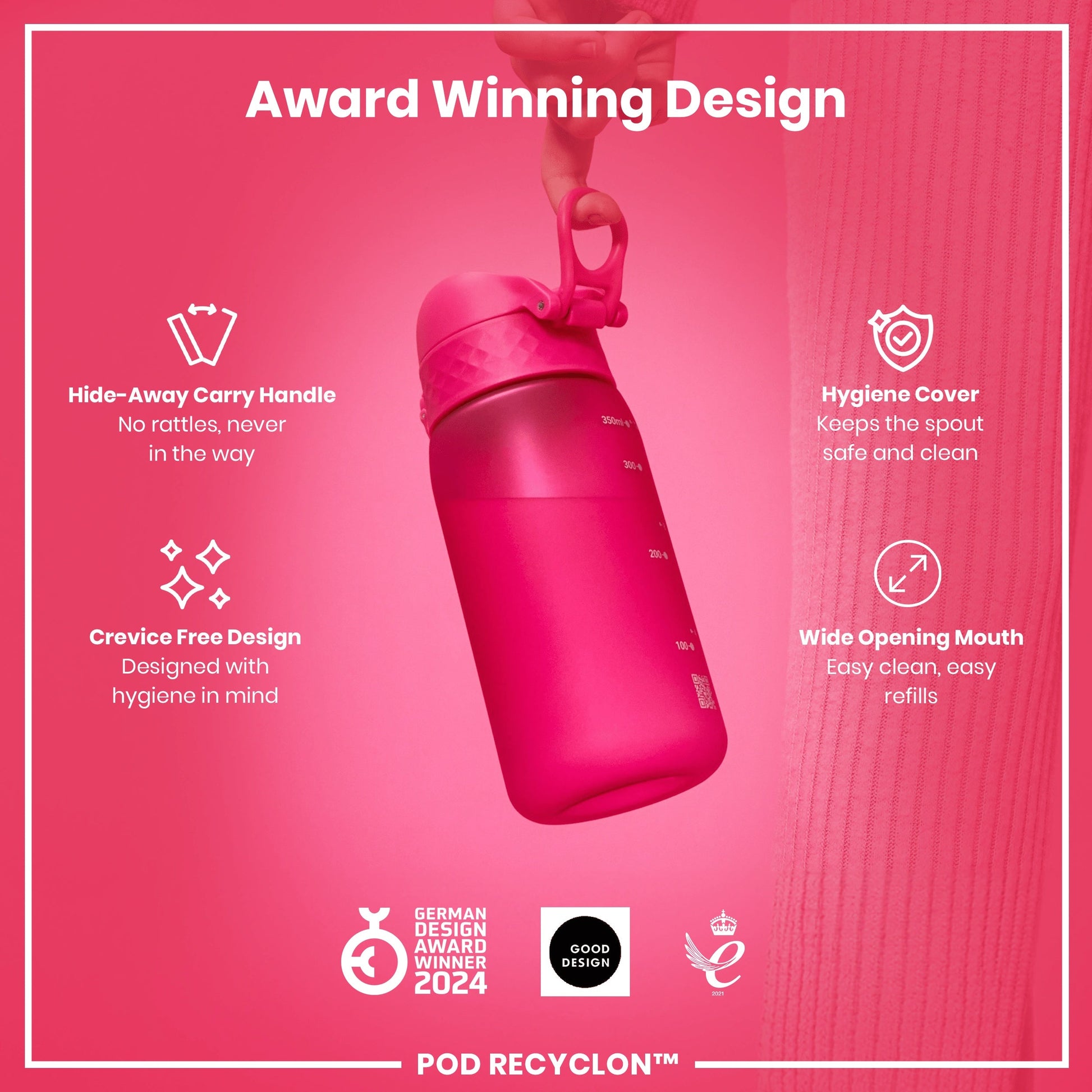 Pink water bottle with features highlighted on a pink background