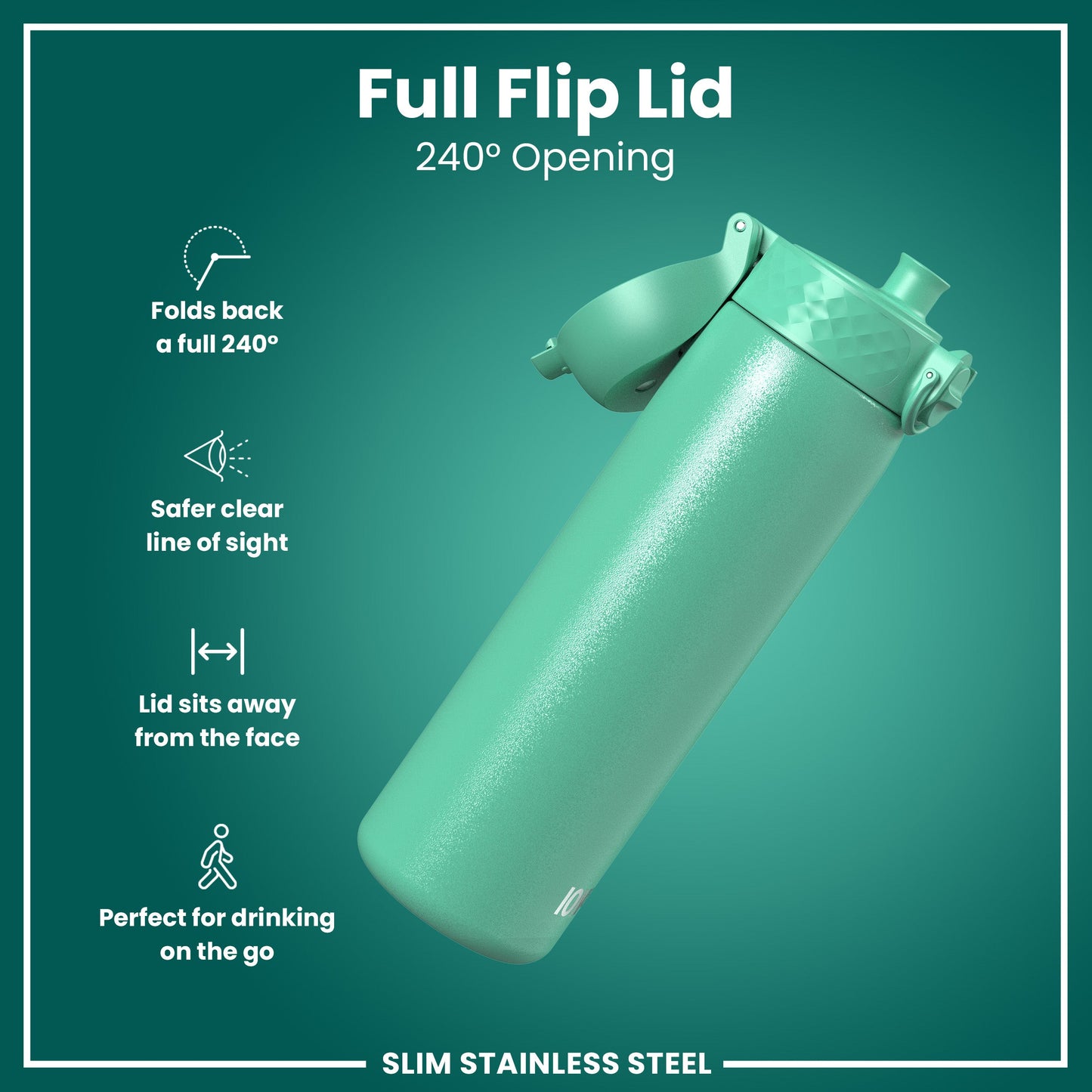 Green water bottle with a full flip lid on a green background