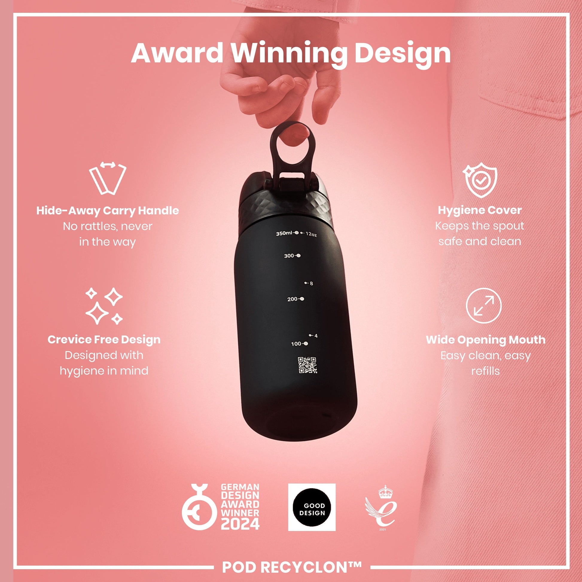 Black water bottle with features highlighted on a pink background, featuring the German Design Award 2024.