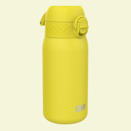 Yellow water bottle with a lid on a white background