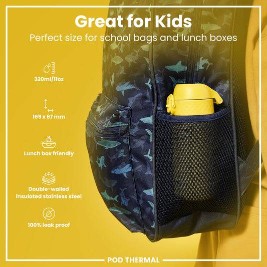 Yellow background with a backpack featuring a yellow thermos, text highlighting features, and 'POD THERMAL' branding.