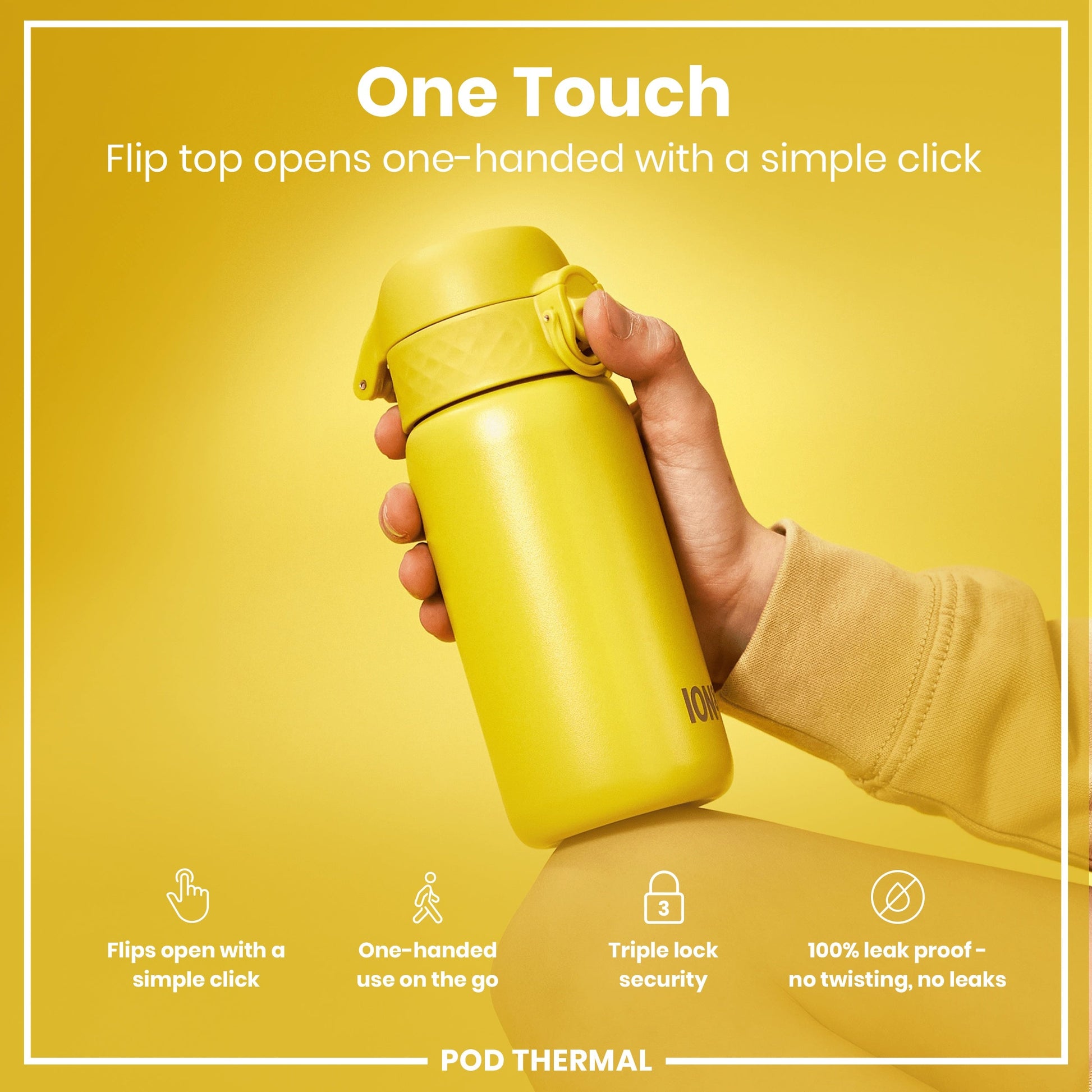 Yellow thermos bottle held by a hand with text highlighting features on a yellow background