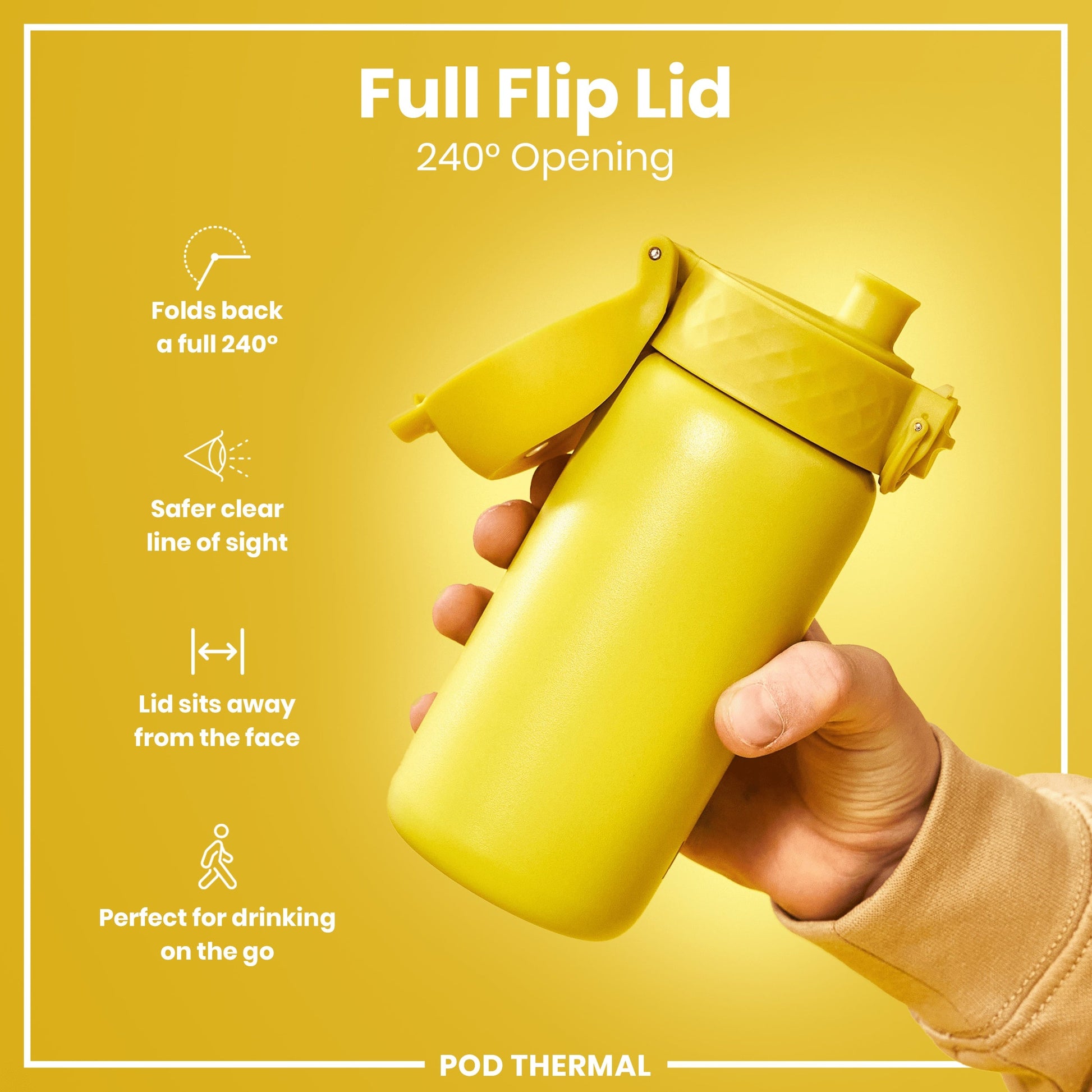 Yellow thermos with a full flip lid on a yellow background