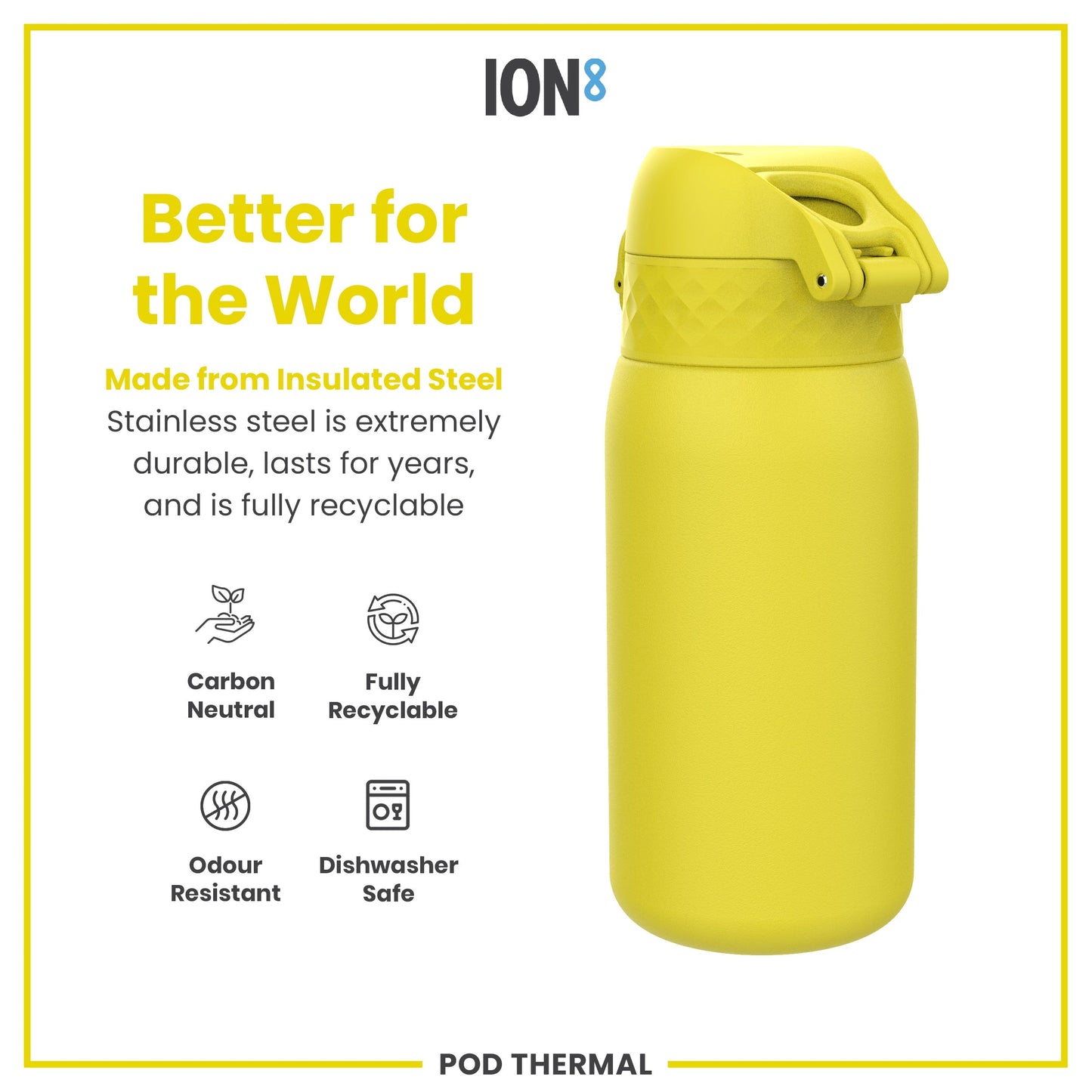 Yellow insulated steel water bottle with ION8 branding and sustainability features on a white background.