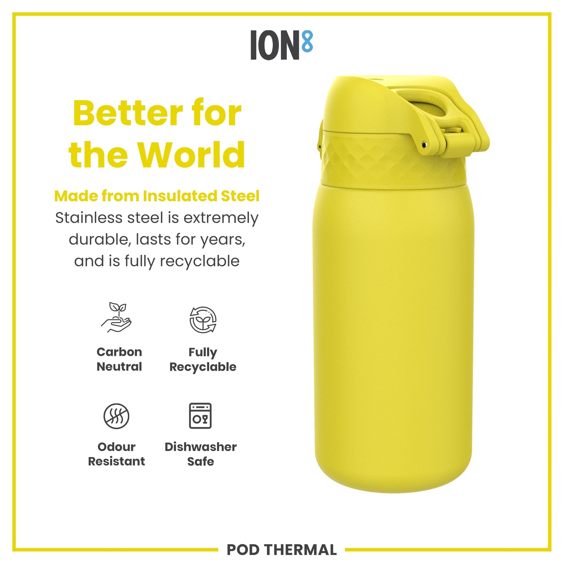 Yellow insulated steel water bottle with ION8 branding and sustainability features on a white background.