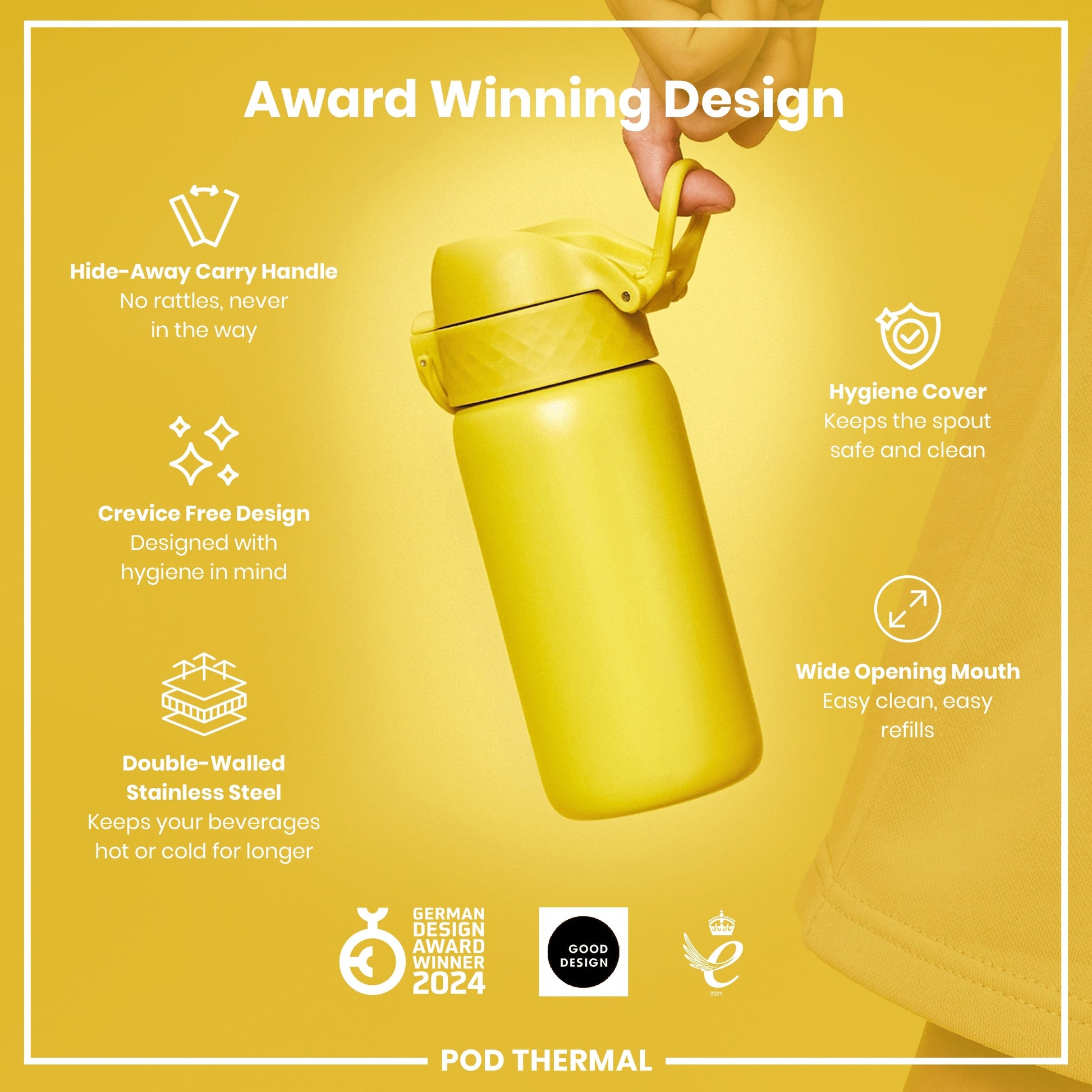 Yellow thermos with features highlighted on a yellow background