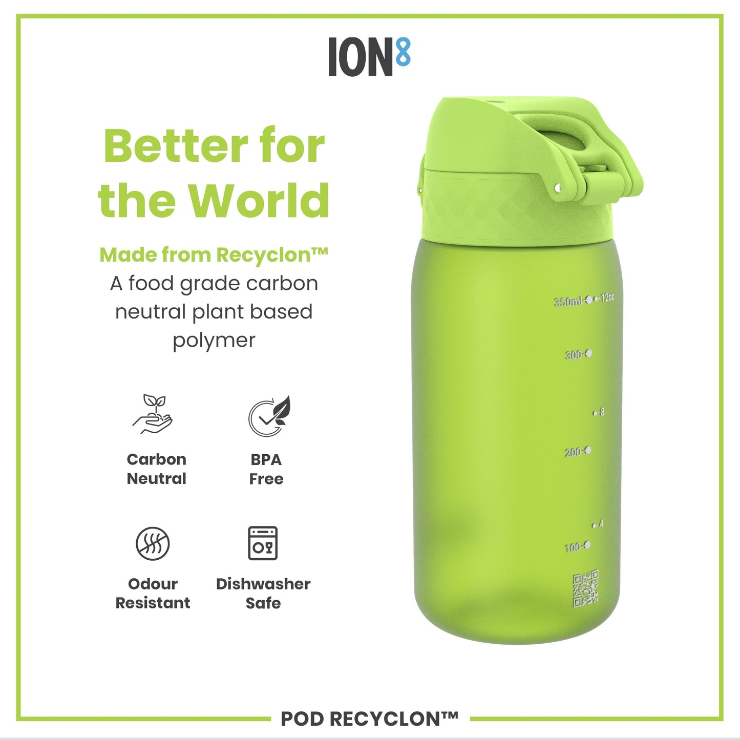 Green water bottle with 'ION8' branding and sustainability features on a white background