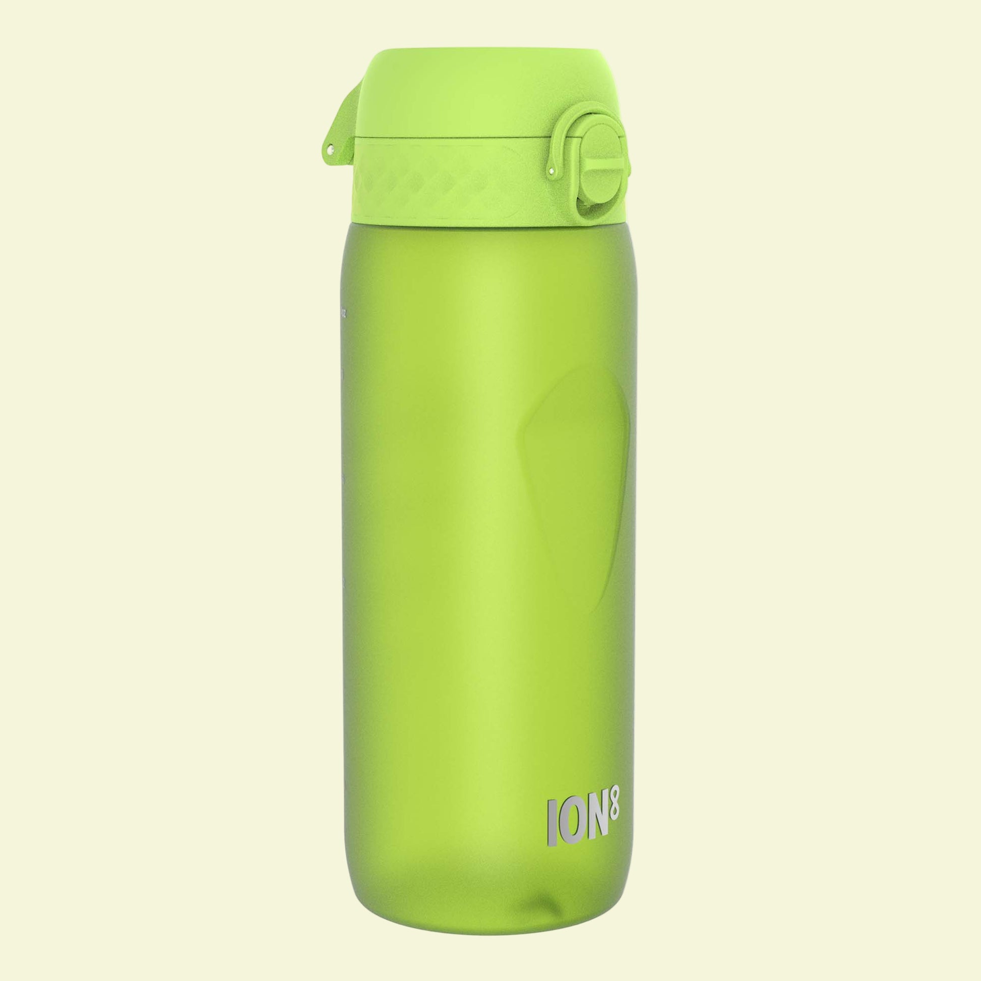 Green water bottle with 'ION8' branding on a white background