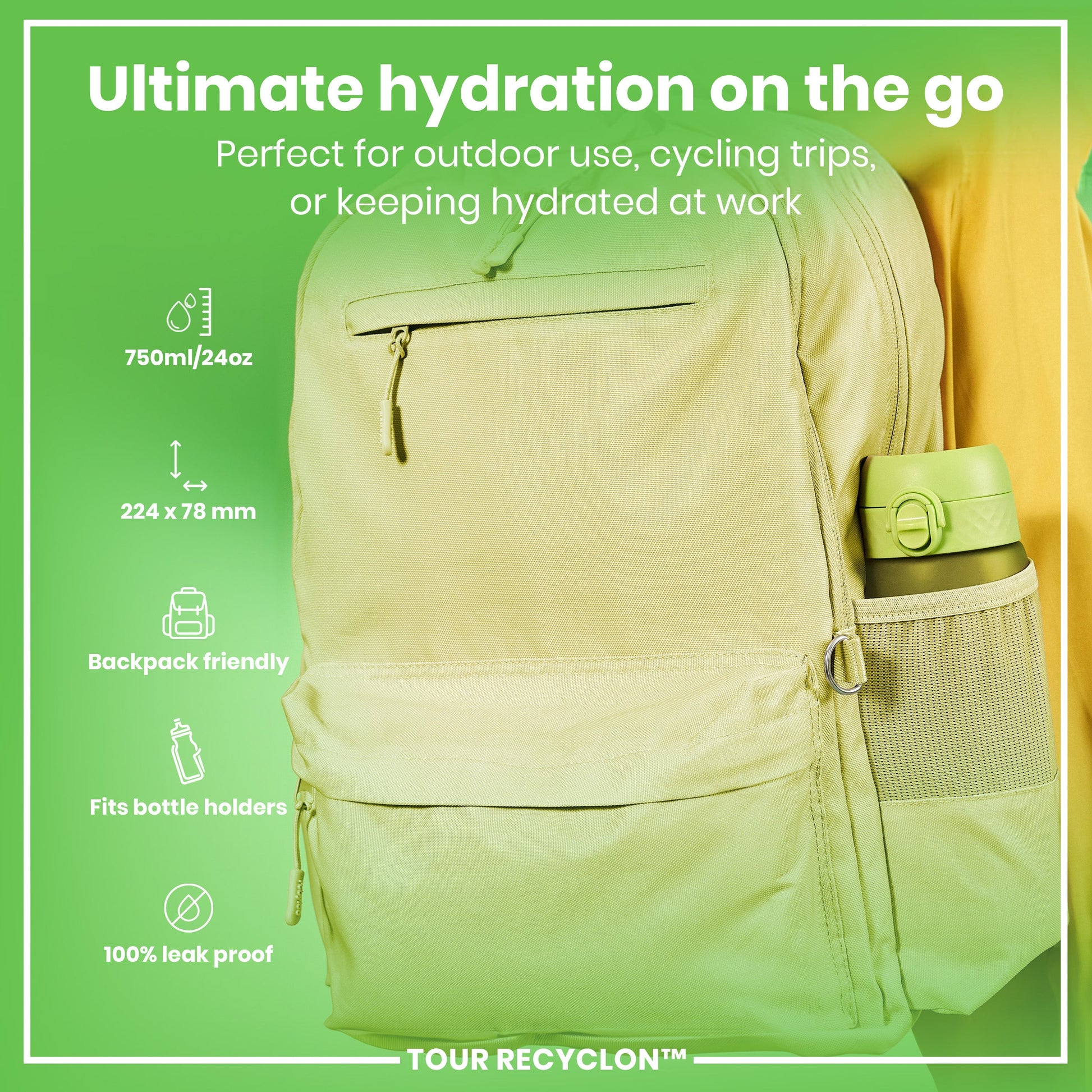 Beige backpack with a water bottle holder on a green background, featuring text about hydration and product features.
