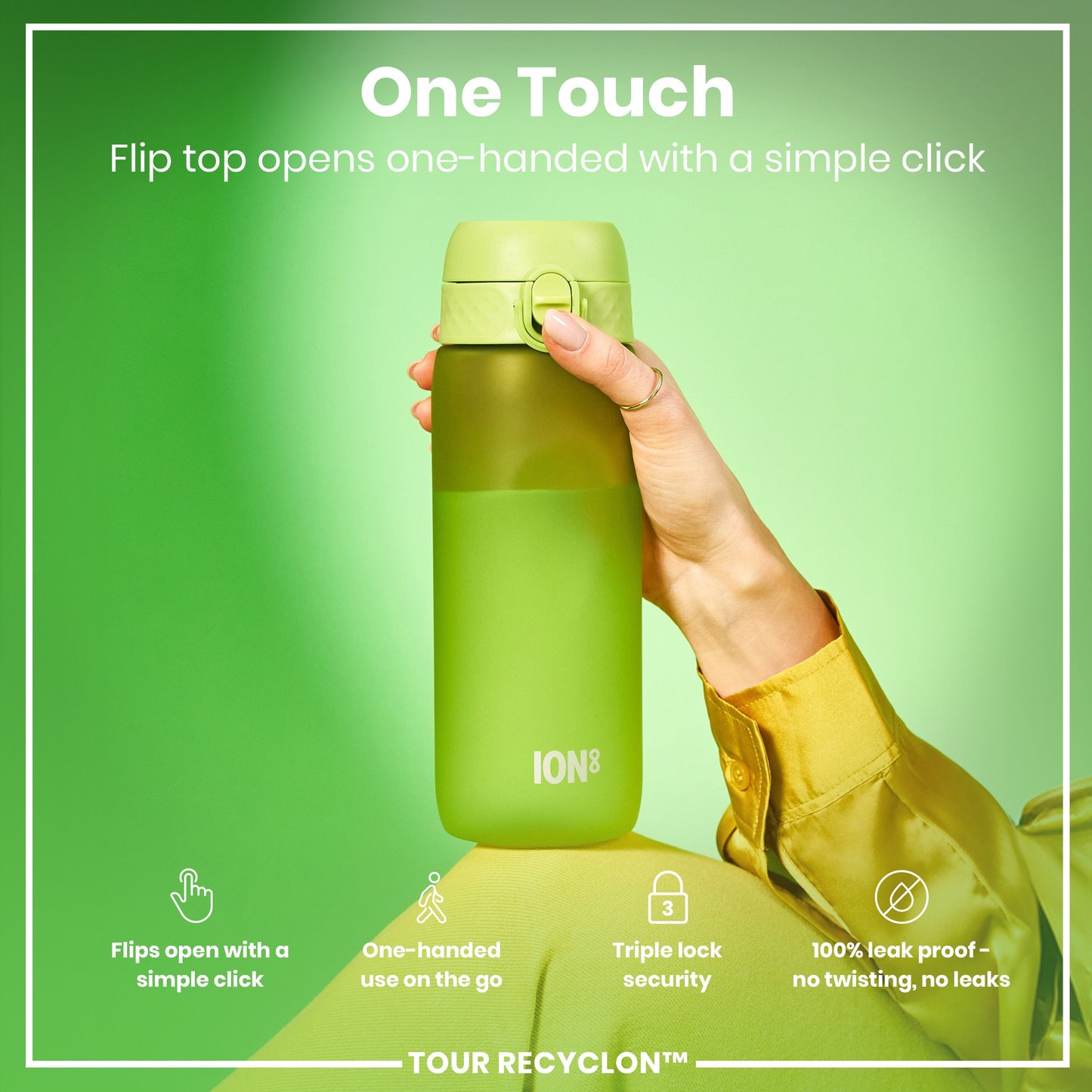 Green water bottle with flip top being held against a green background, featuring the brand 'ION'.
