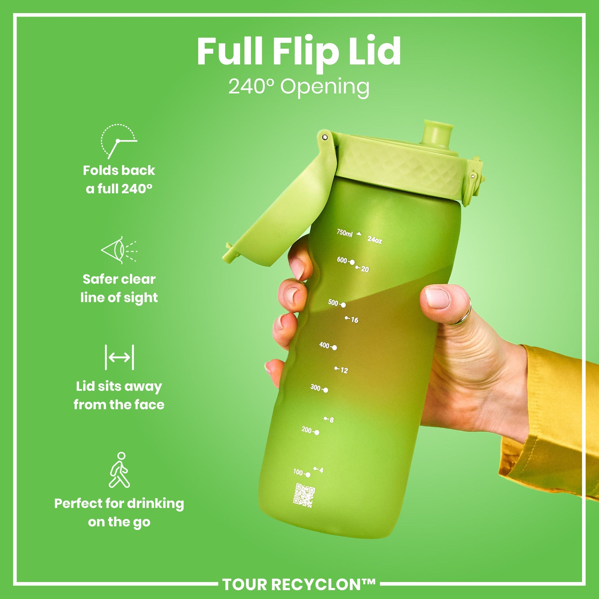 Green water bottle with a flip lid held by a hand on a green background