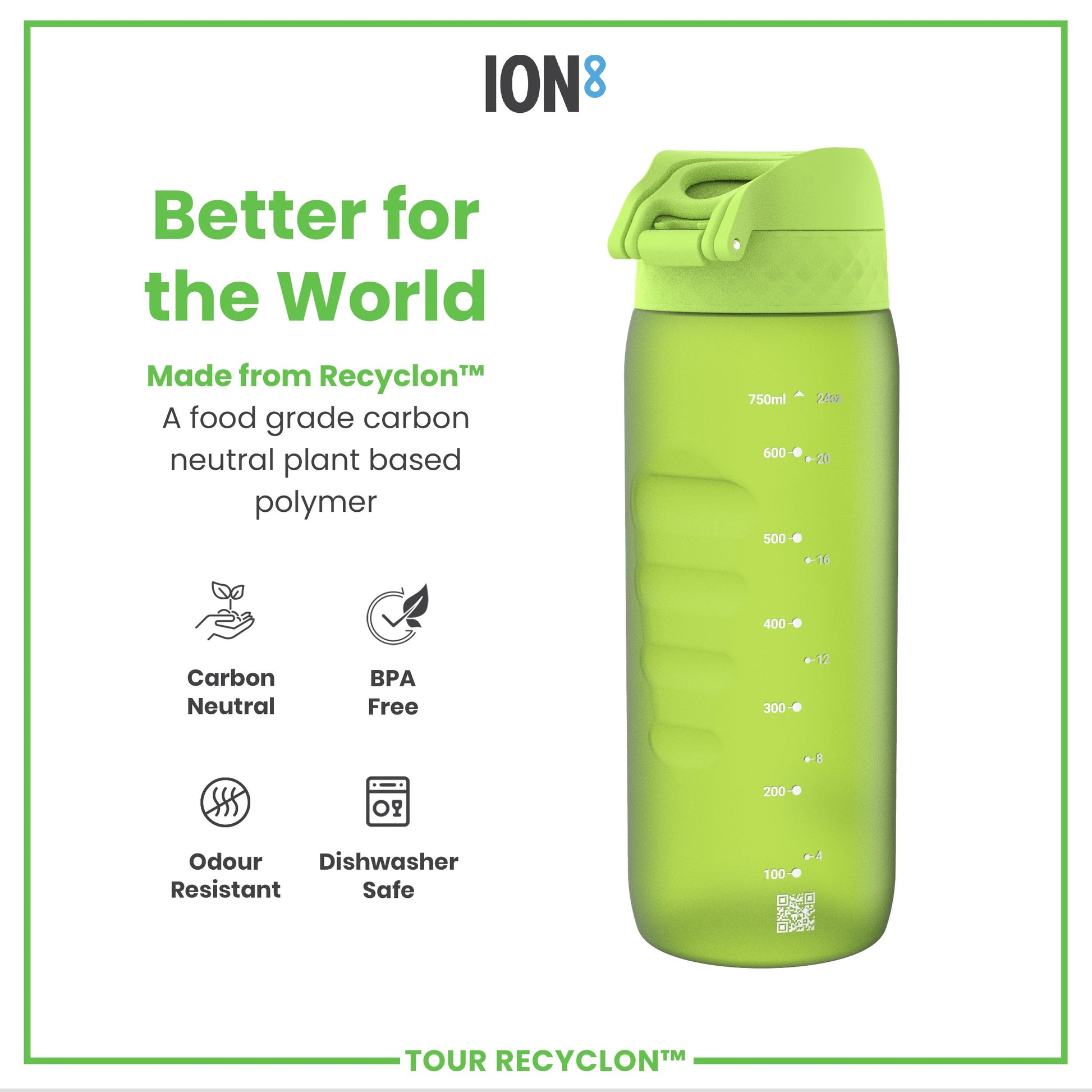 Green water bottle with 'ION8' branding and sustainability features on a white background