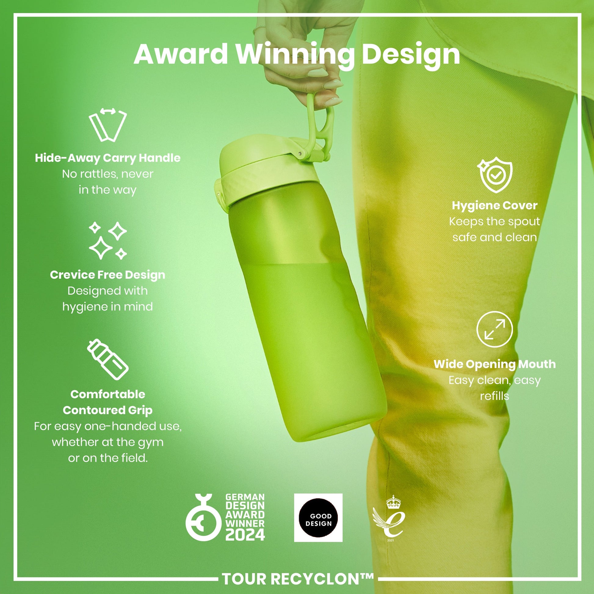 Green water bottle with features listed on a green background