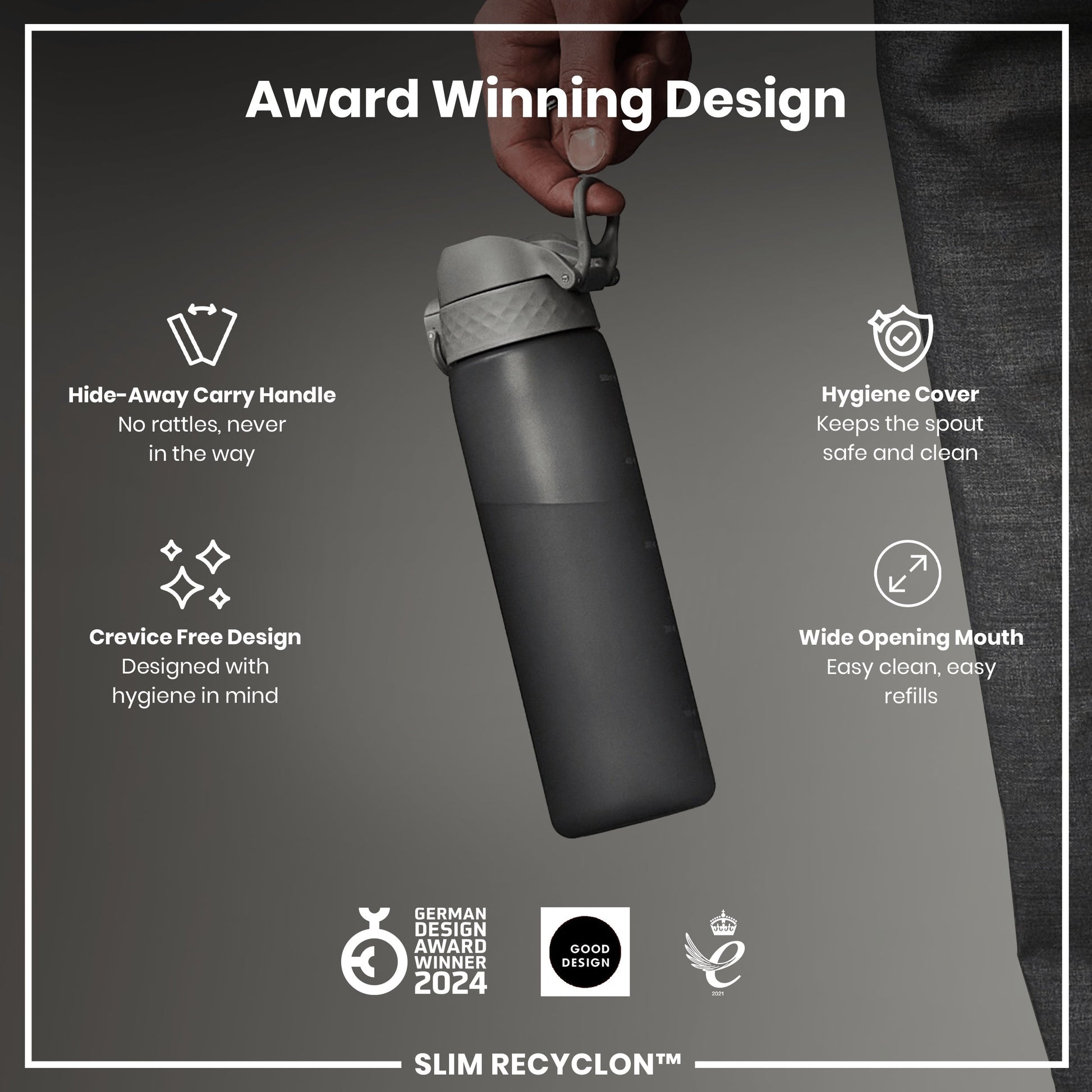 Black water bottle with features highlighted on a gray background