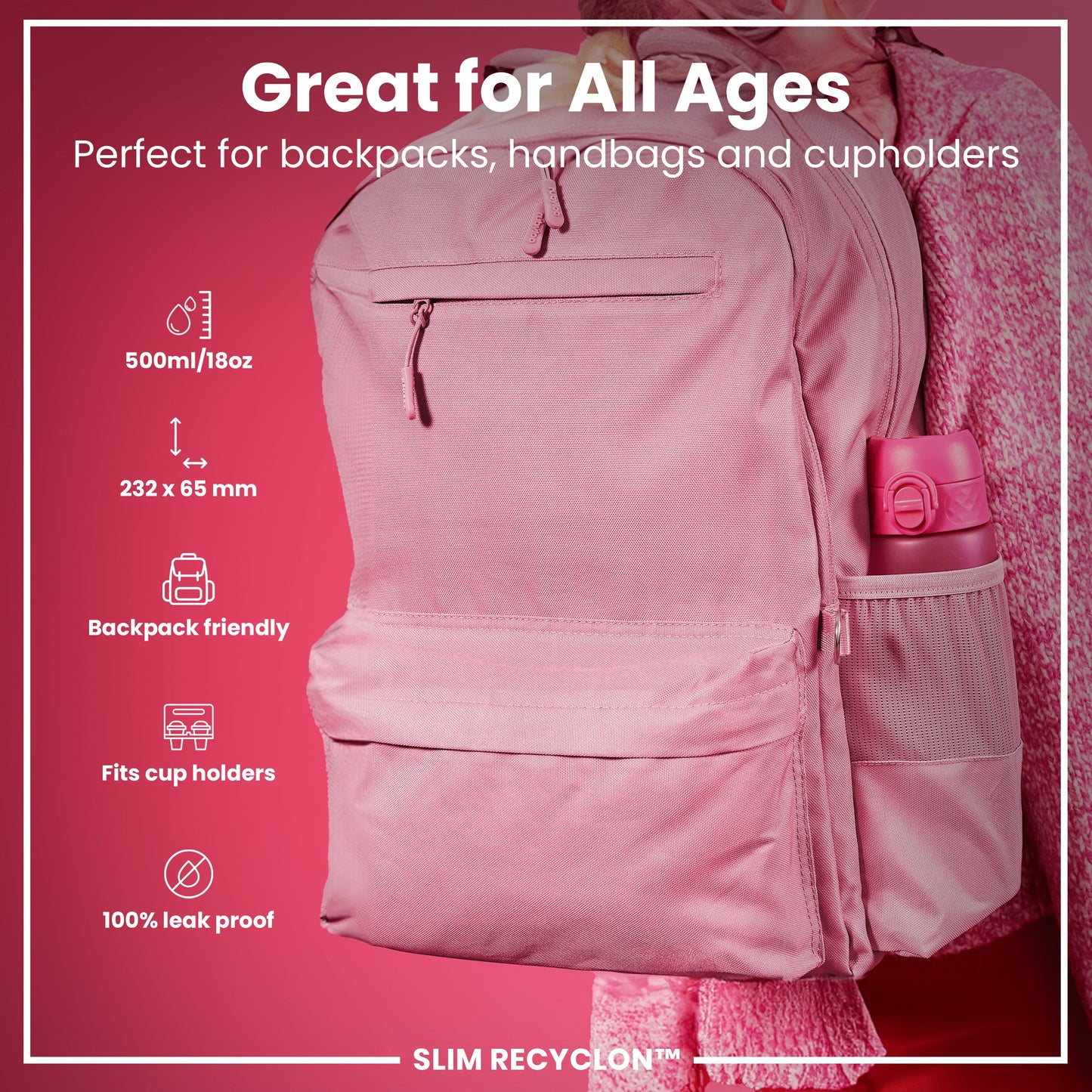 Pink backpack with water bottle on a red background, featuring product details.