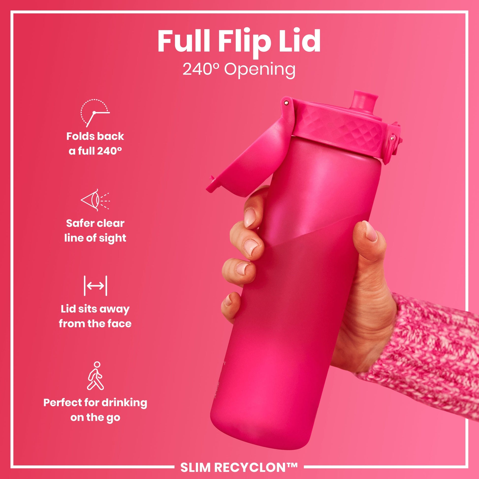 Pink water bottle with a full flip lid on a pink background