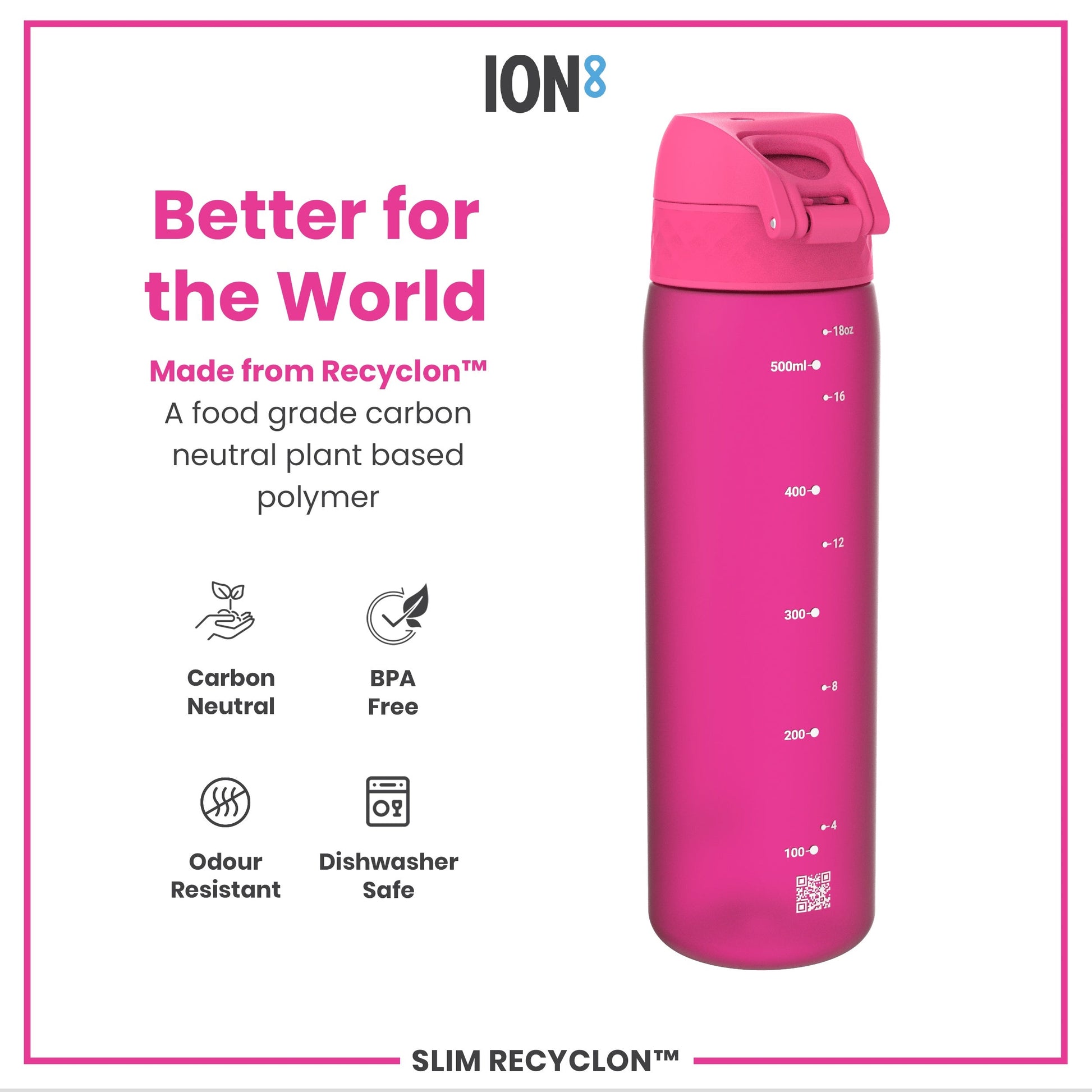 Pink water bottle with 'ION8' branding on a white background